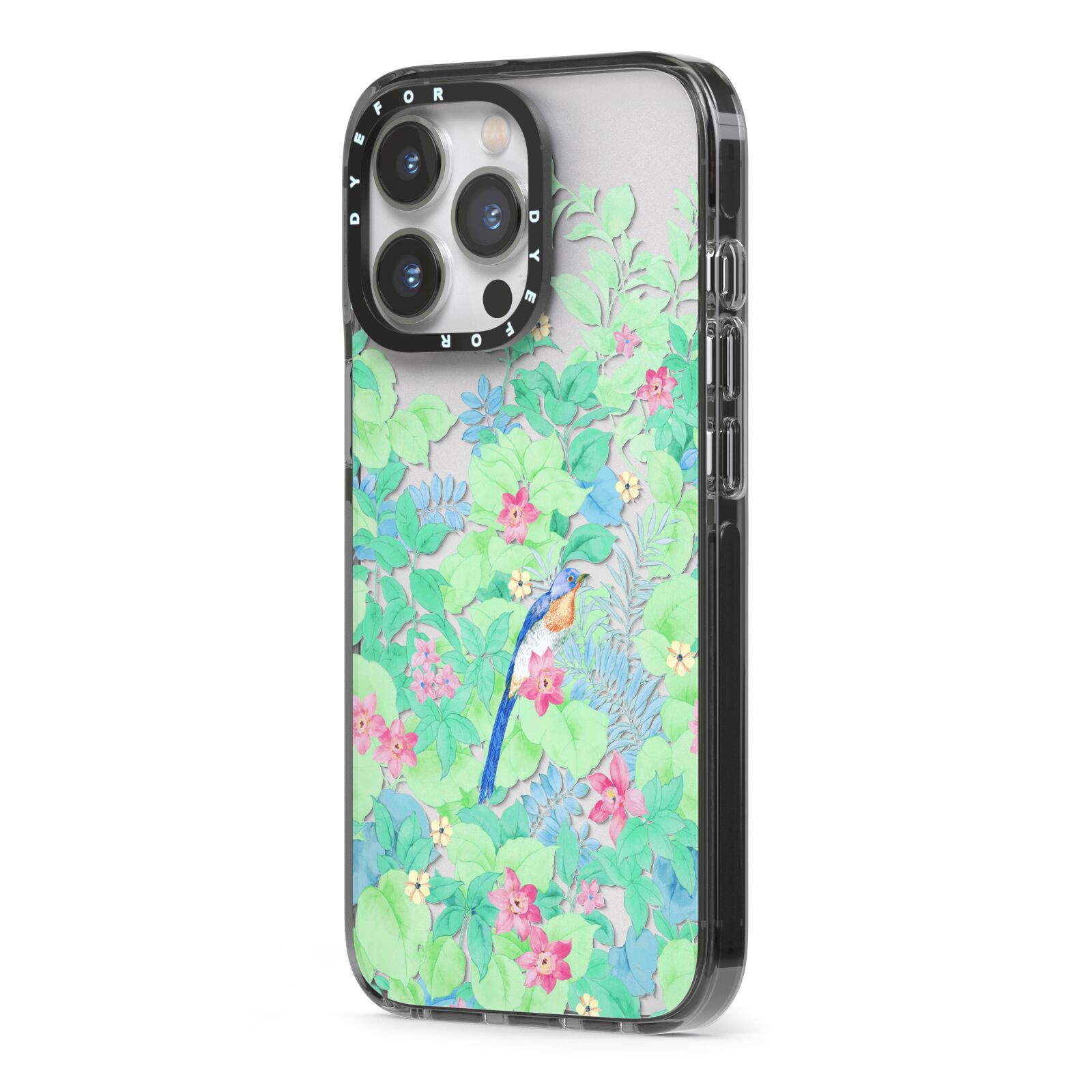 Watercolour Floral iPhone 13 Pro Black Impact Case Side Angle on Silver phone