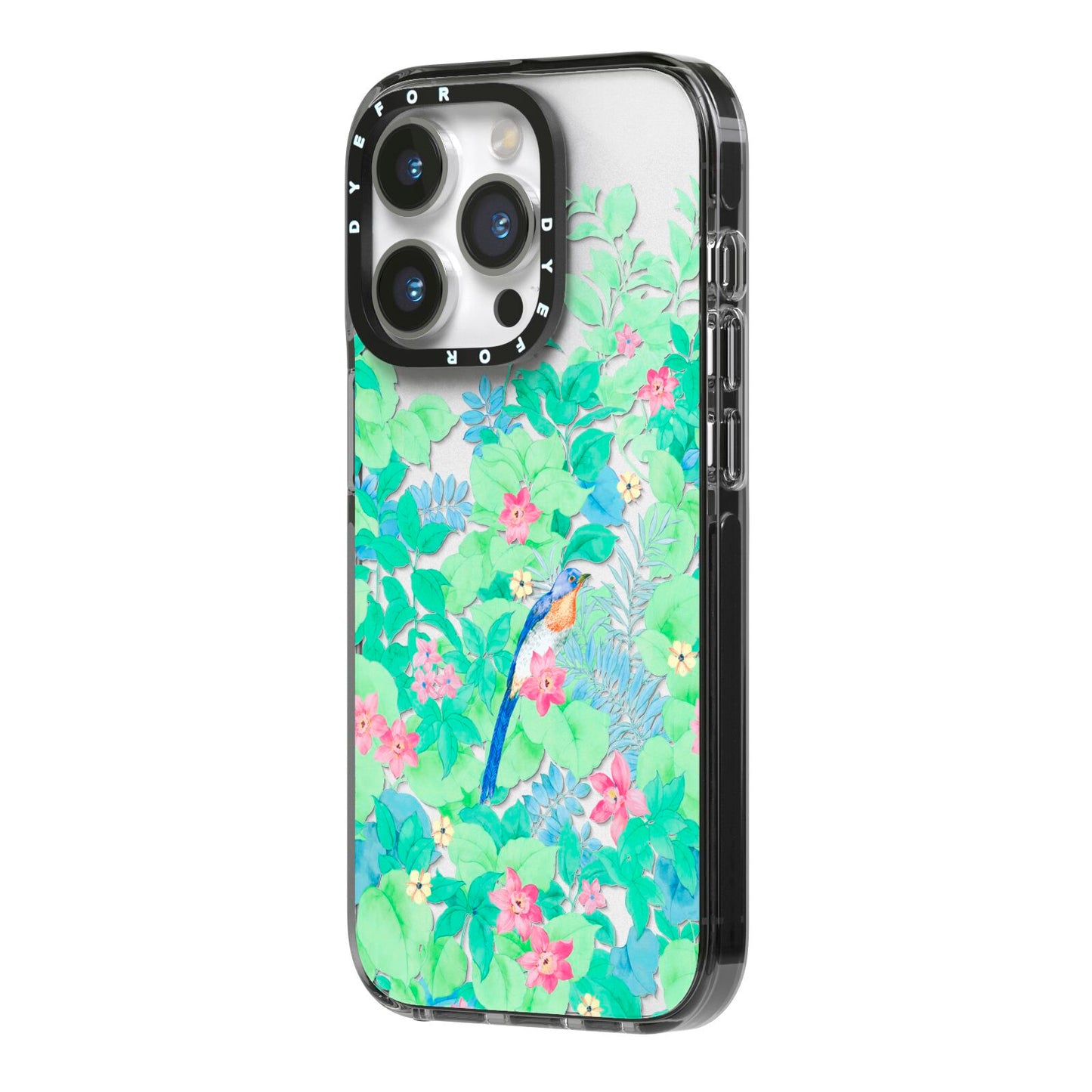 Watercolour Floral iPhone 14 Pro Black Impact Case Side Angle on Silver phone