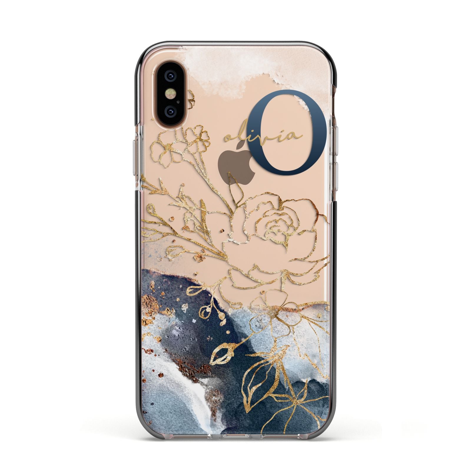 Watercolour Monogram Apple iPhone Xs Impact Case Black Edge on Gold Phone