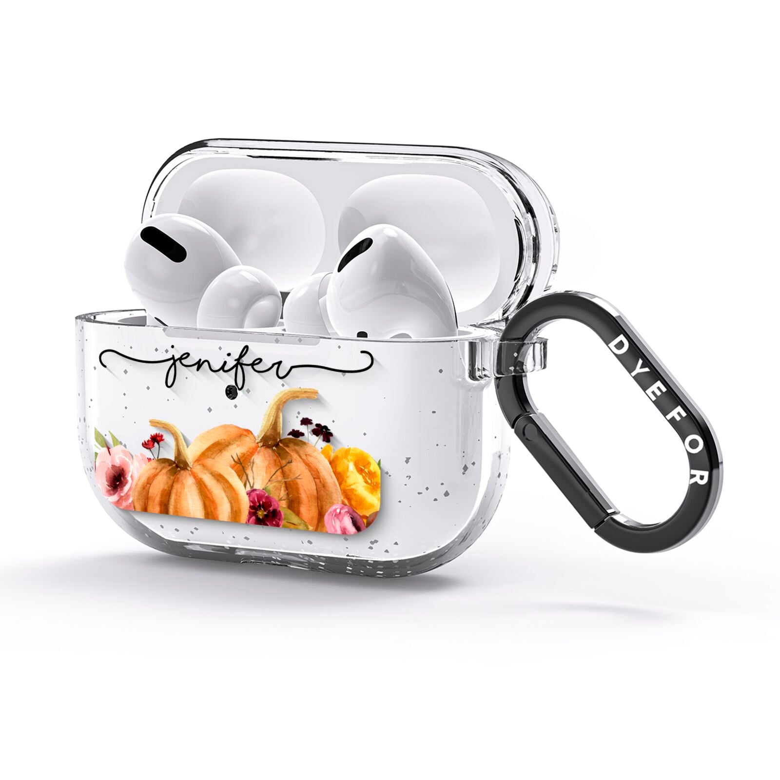 Watercolour Pumpkins with Black Horizontal Text AirPods Glitter Case 3rd Gen Side Image