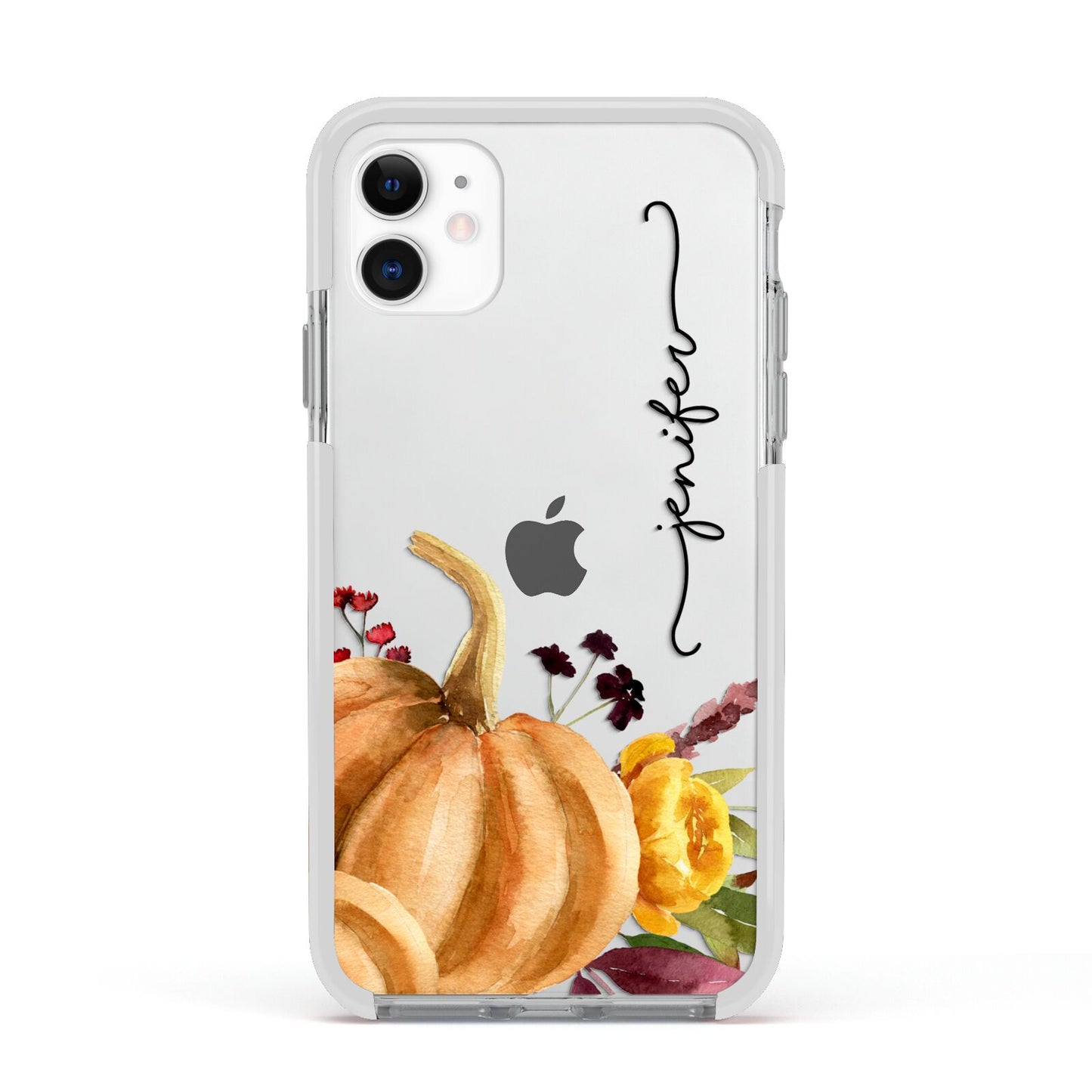 Watercolour Pumpkins with Black Vertical Text Apple iPhone 11 in White with White Impact Case