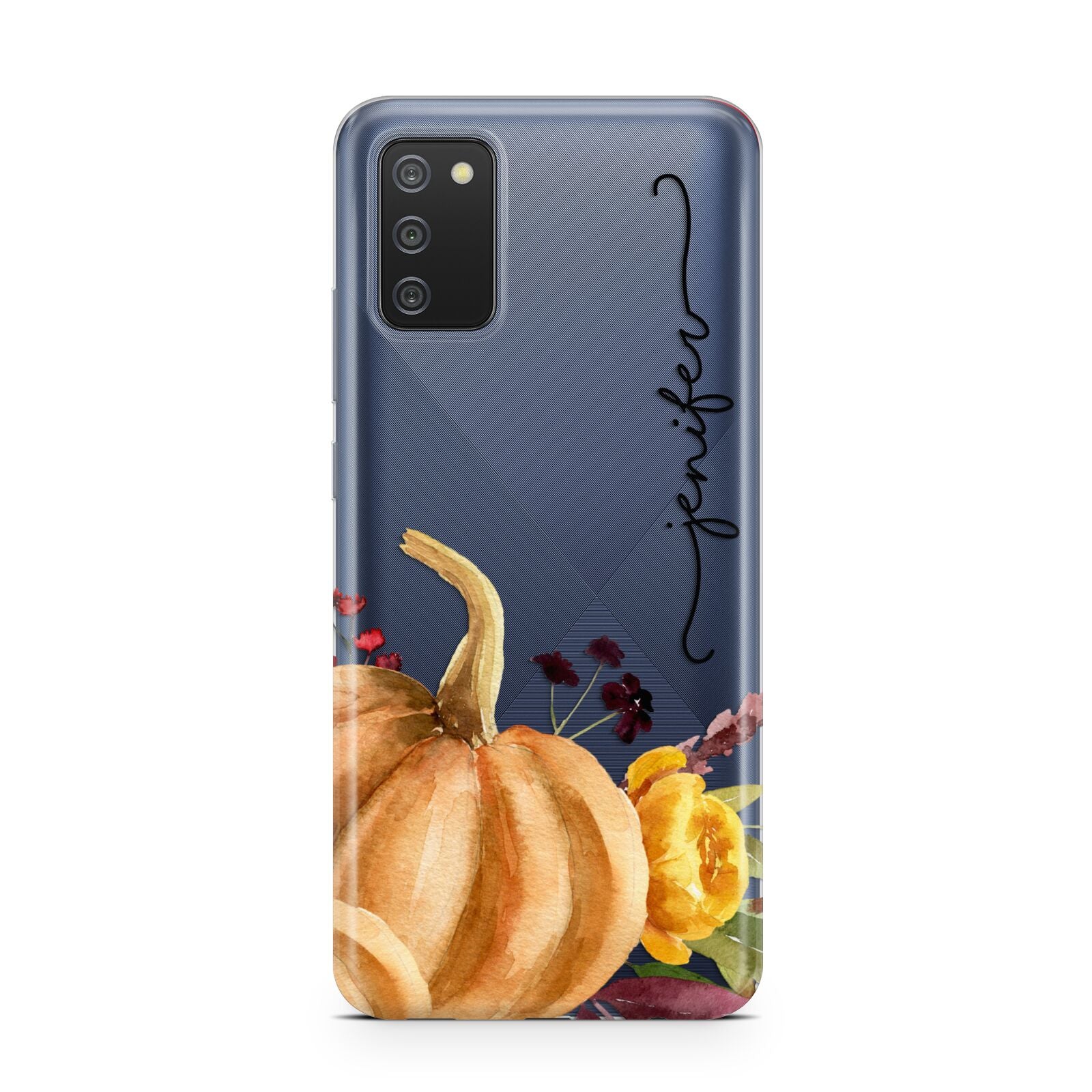 Watercolour Pumpkins with Black Vertical Text Samsung A02s Case