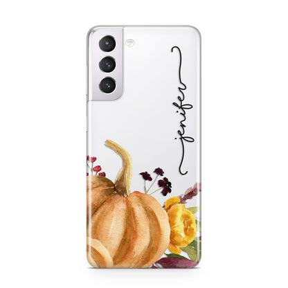 Watercolour Pumpkins with Black Vertical Text Samsung S21 Case