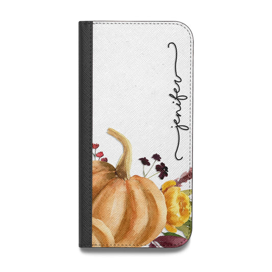 Watercolour Pumpkins with Black Vertical Text Vegan Leather Flip iPhone Case