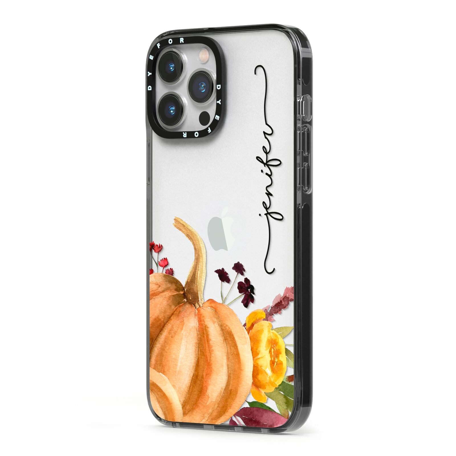 Watercolour Pumpkins with Black Vertical Text iPhone 13 Pro Max Black Impact Case Side Angle on Silver phone