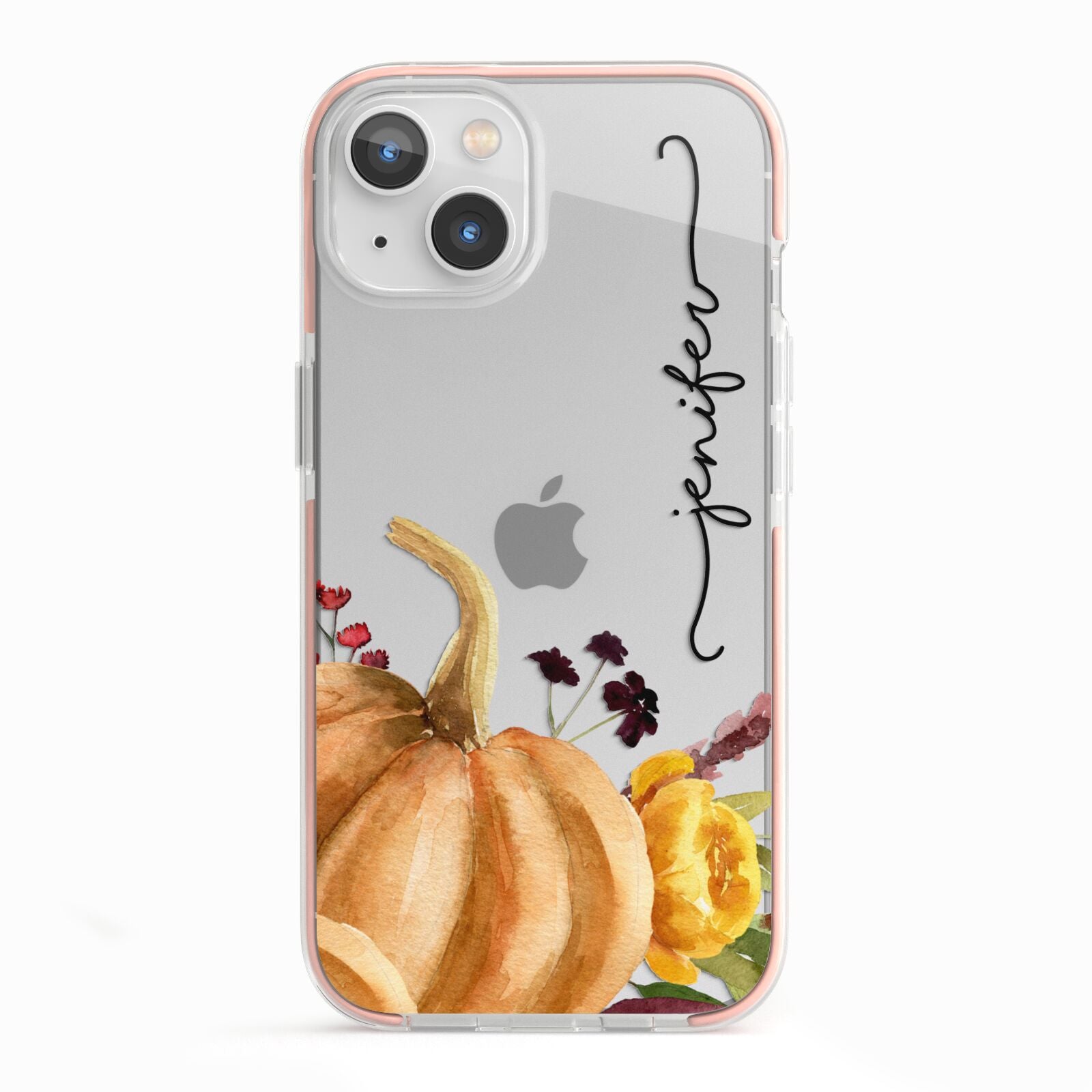 Watercolour Pumpkins with Black Vertical Text iPhone 13 TPU Impact Case with Pink Edges