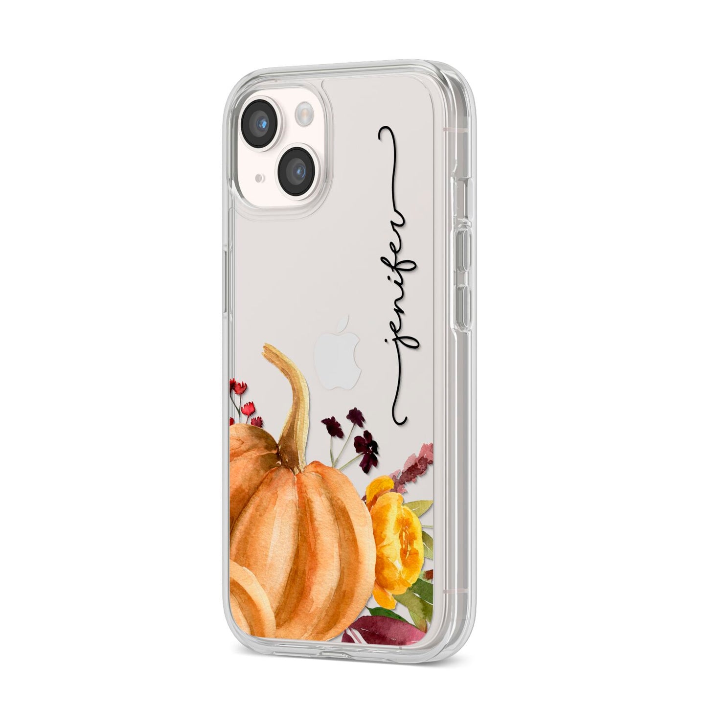 Watercolour Pumpkins with Black Vertical Text iPhone 14 Clear Tough Case Starlight Angled Image