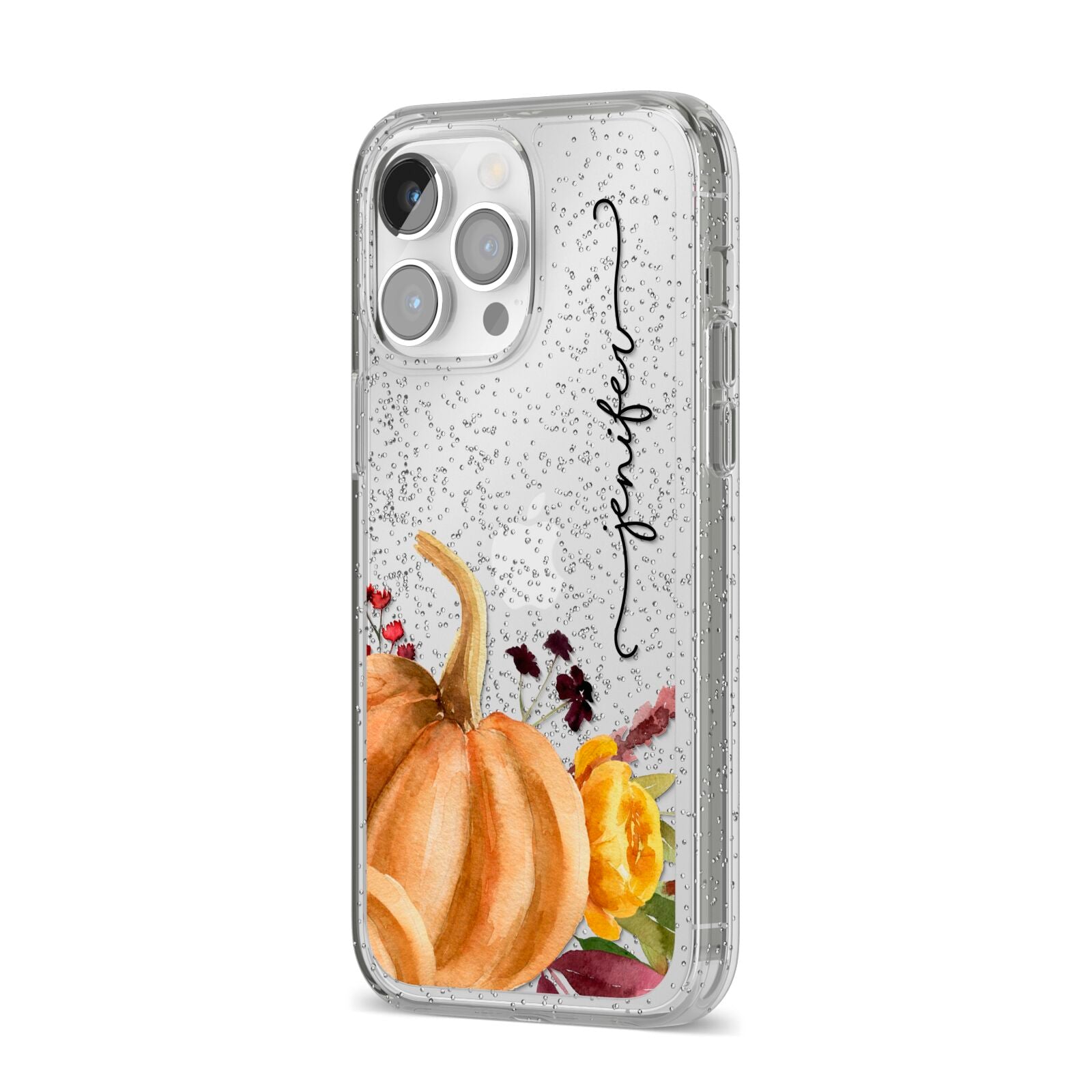 Watercolour Pumpkins with Black Vertical Text iPhone 14 Pro Max Glitter Tough Case Silver Angled Image