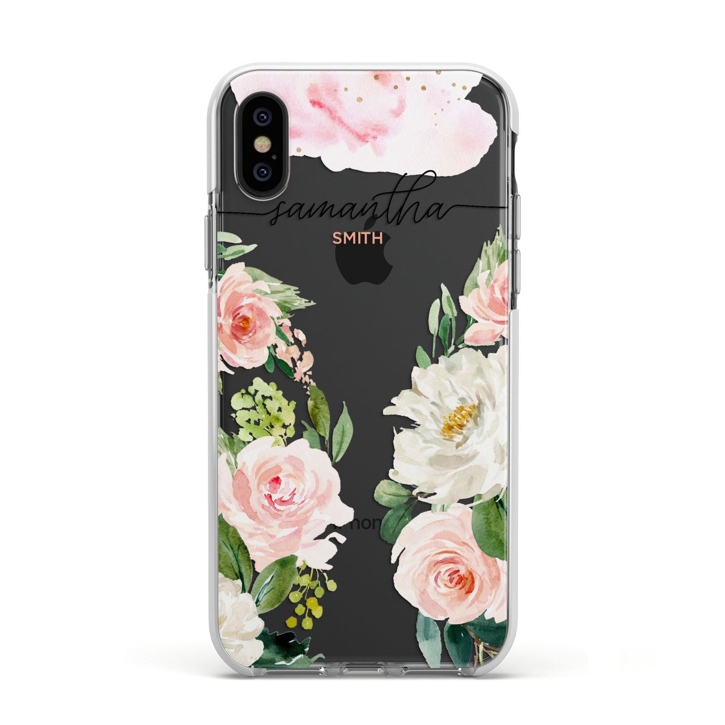 Watercolour Roses Personalised Name Apple iPhone Xs Impact Case White Edge on Black Phone