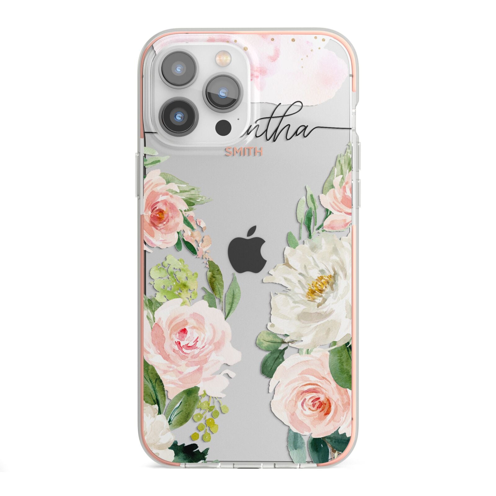 Watercolour Roses Personalised Name iPhone 13 Pro Max TPU Impact Case with Pink Edges