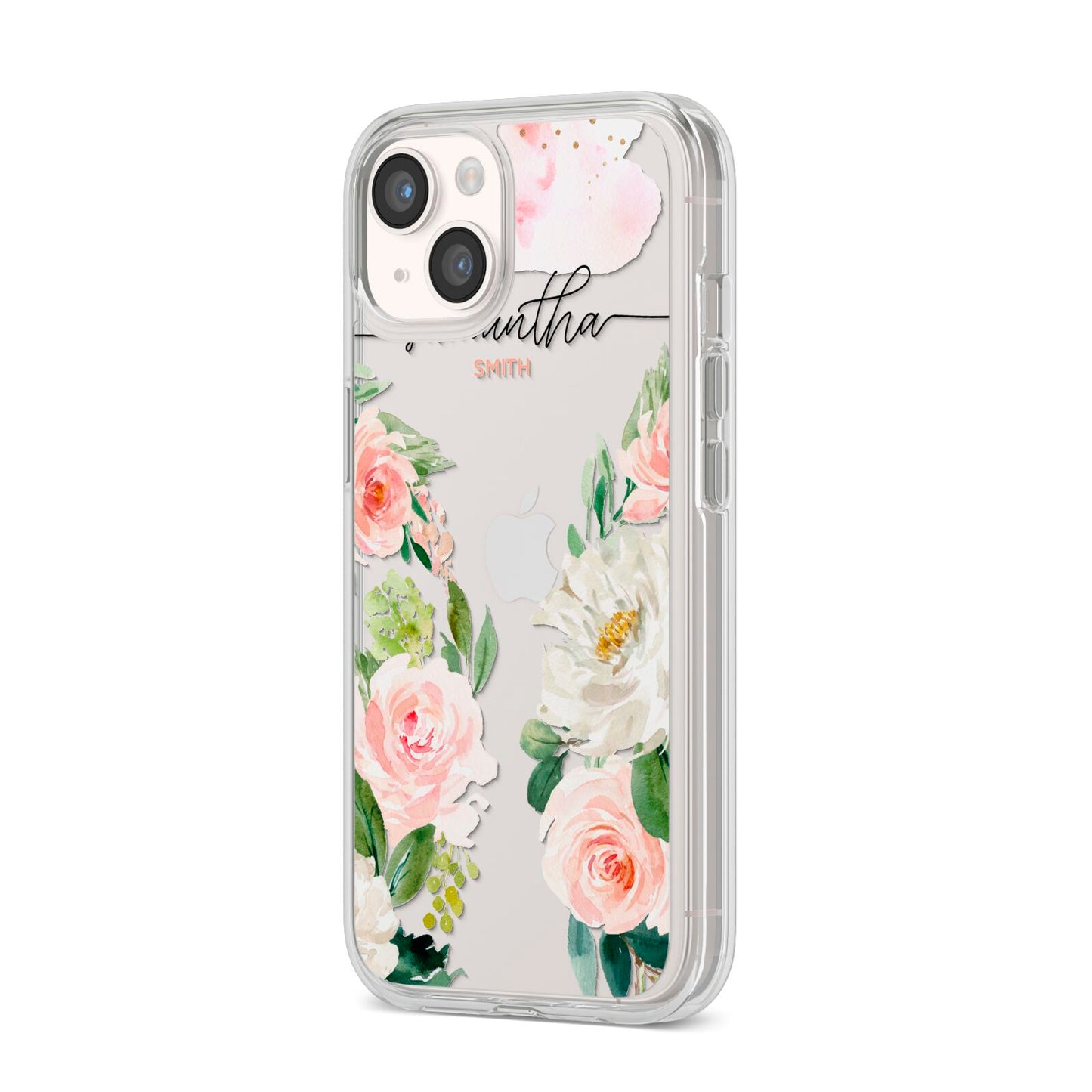 Watercolour Roses Personalised Name iPhone 14 Clear Tough Case Starlight Angled Image