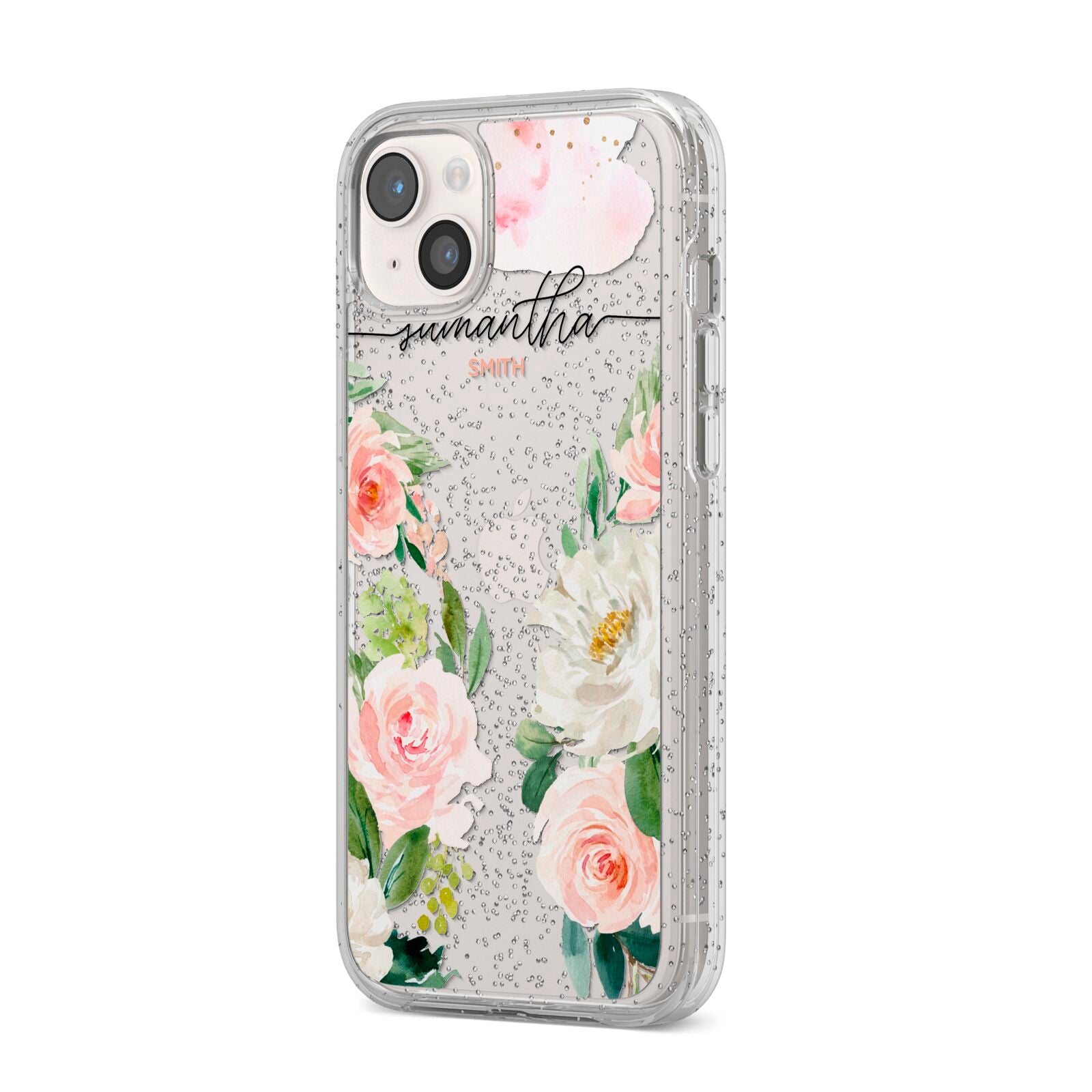 Watercolour Roses Personalised Name iPhone 14 Plus Glitter Tough Case Starlight Angled Image