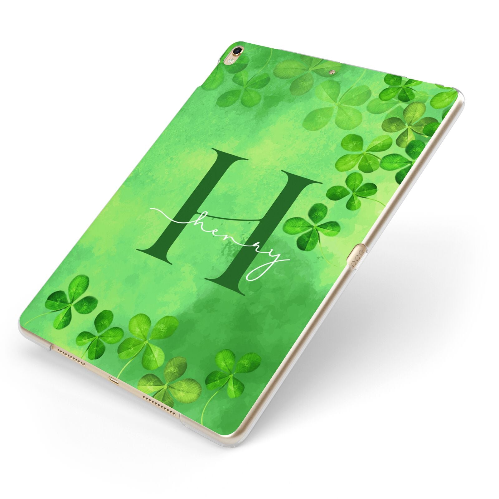 Watercolour Shamrock Pattern Name Apple iPad Case on Gold iPad Side View