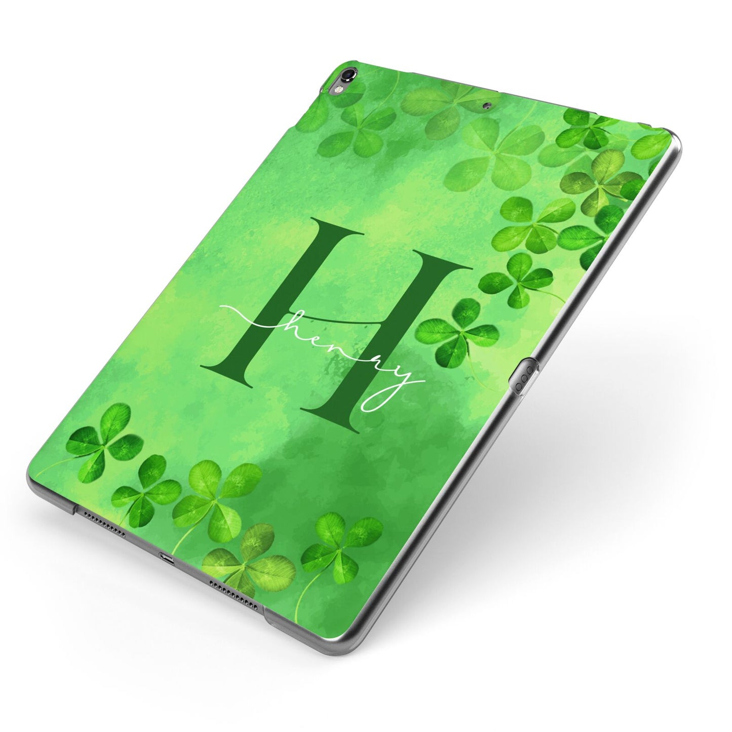 Watercolour Shamrock Pattern Name Apple iPad Case on Grey iPad Side View