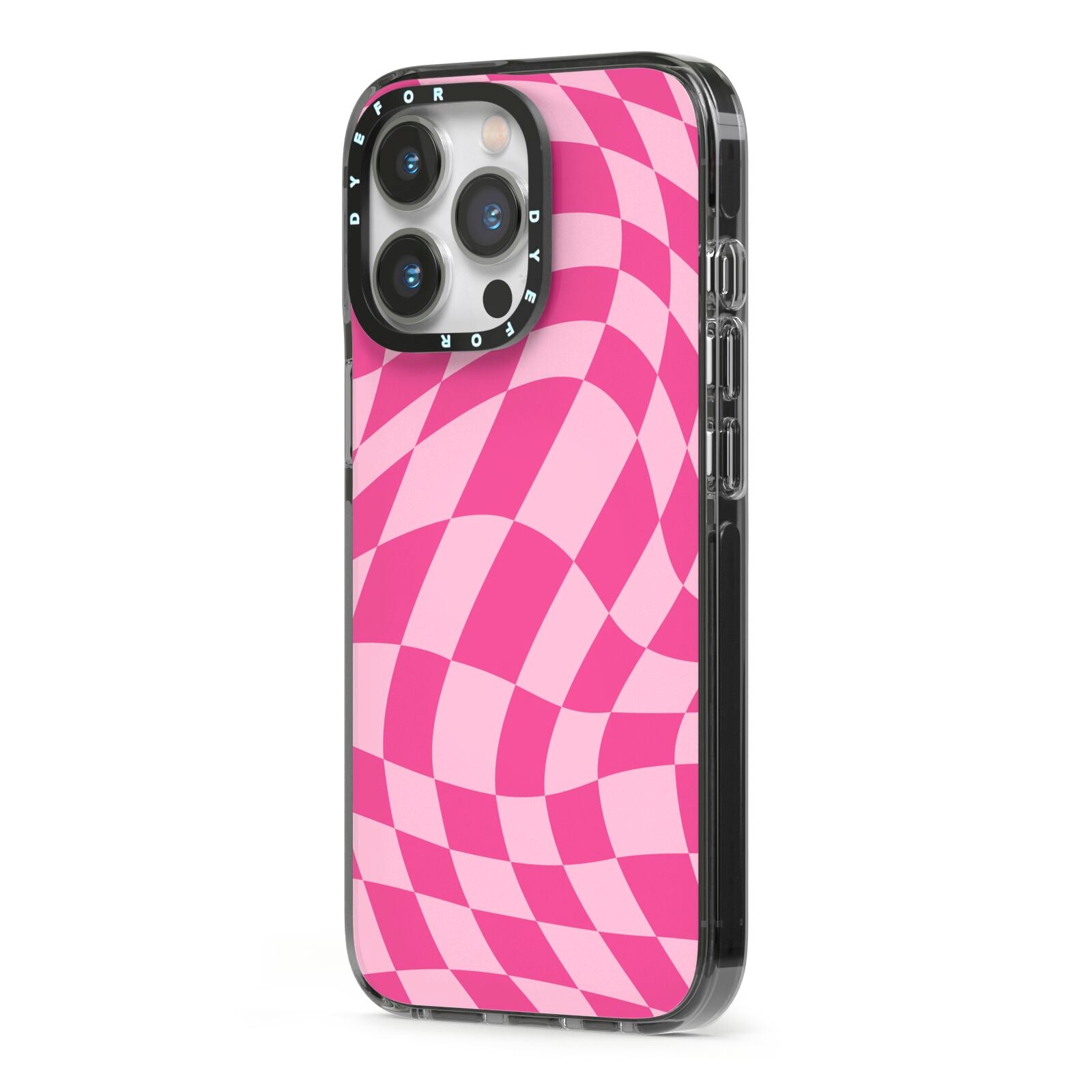 Wavy Check iPhone 13 Pro Black Impact Case Side Angle on Silver phone