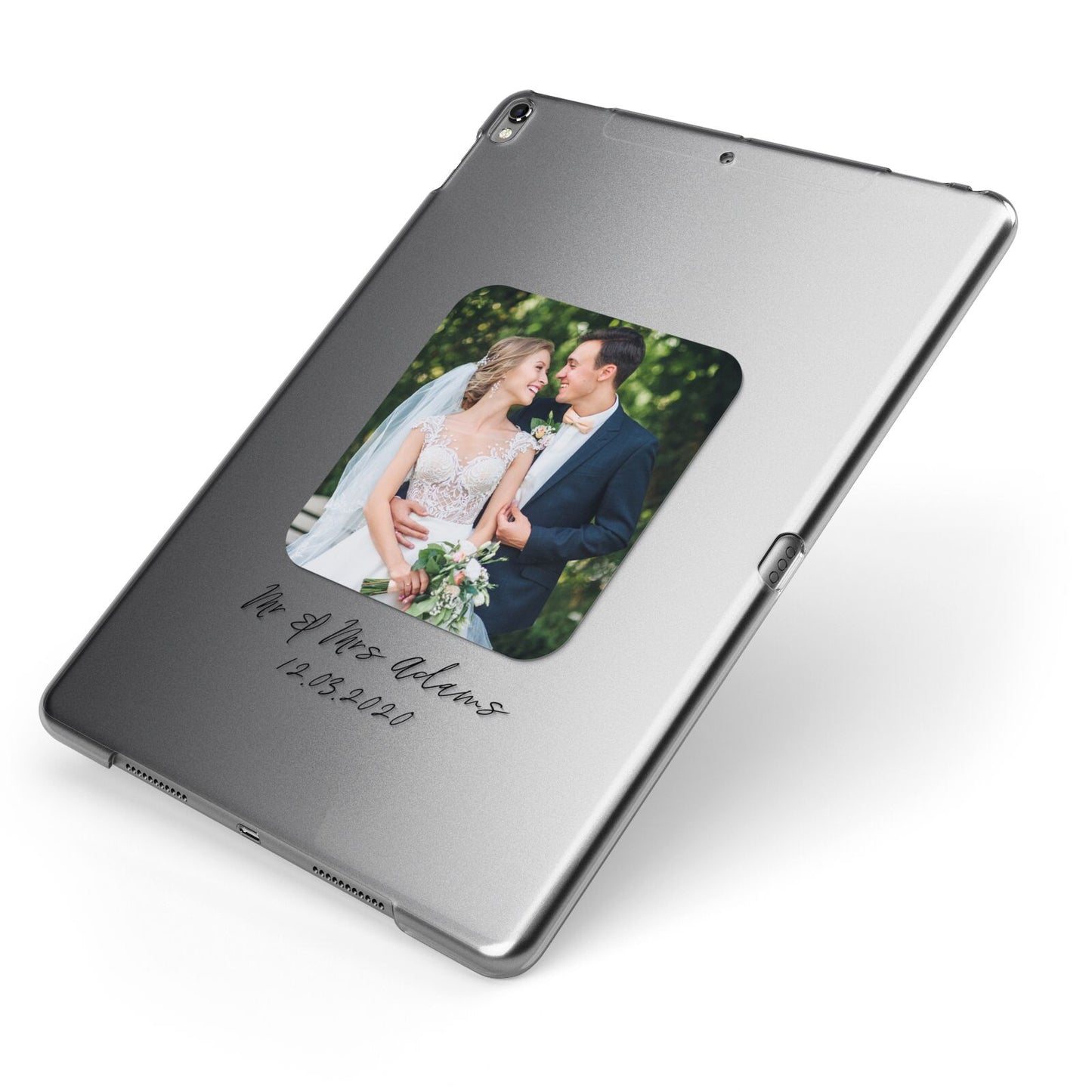 Wedding Photo Upload Keepsake with Text Apple iPad Case on Grey iPad Side View