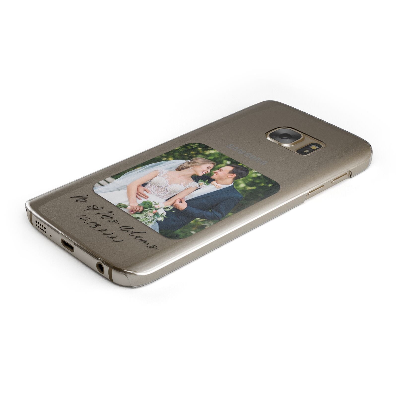 Wedding Photo Upload Keepsake with Text Protective Samsung Galaxy Case Angled Image