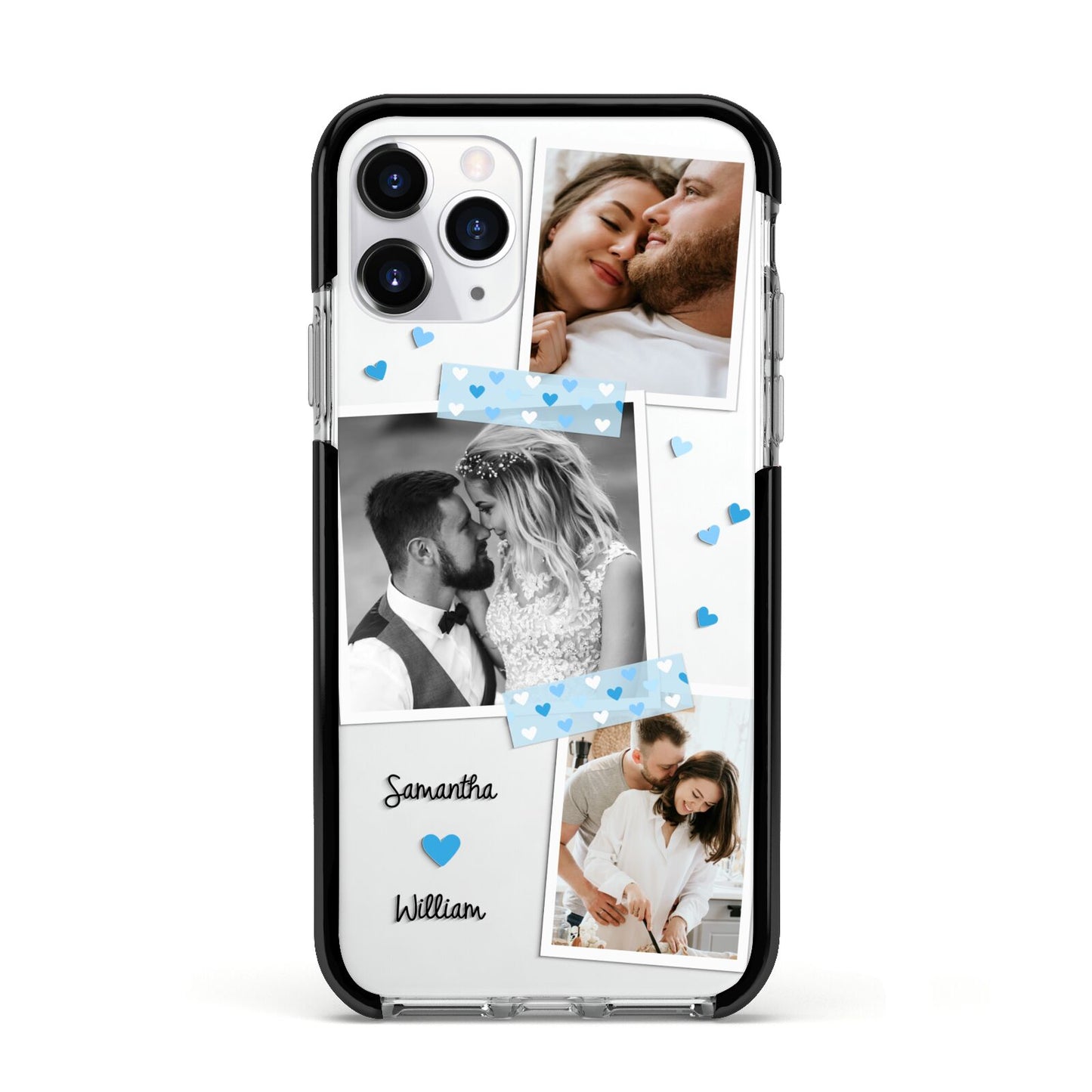 Wedding Snaps Collage with Blue Hearts and Name Apple iPhone 11 Pro in Silver with Black Impact Case