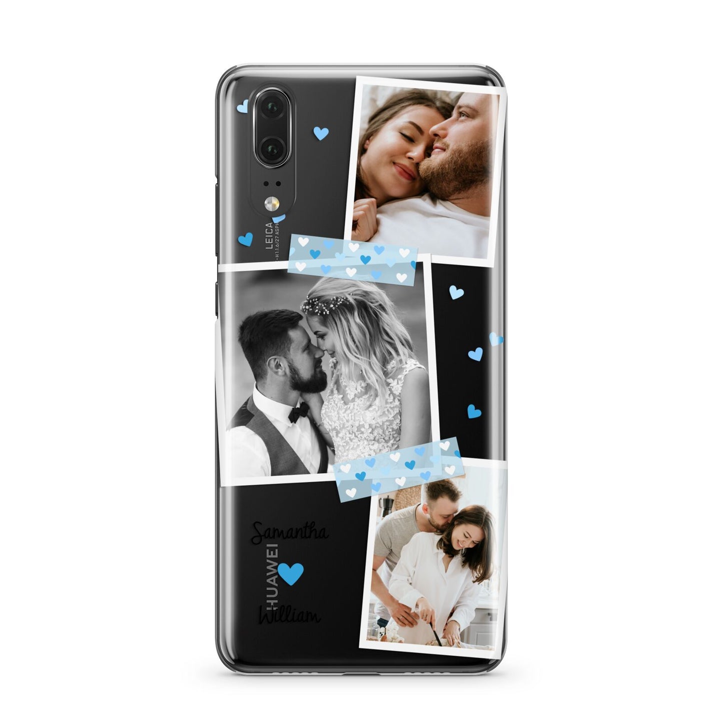 Wedding Snaps Collage with Blue Hearts and Name Huawei P20 Phone Case