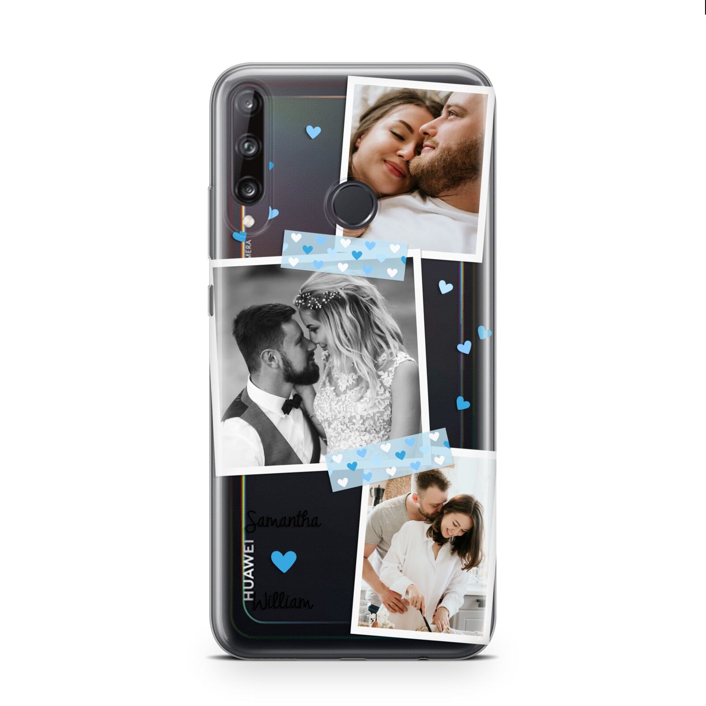 Wedding Snaps Collage with Blue Hearts and Name Huawei P40 Lite E Phone Case