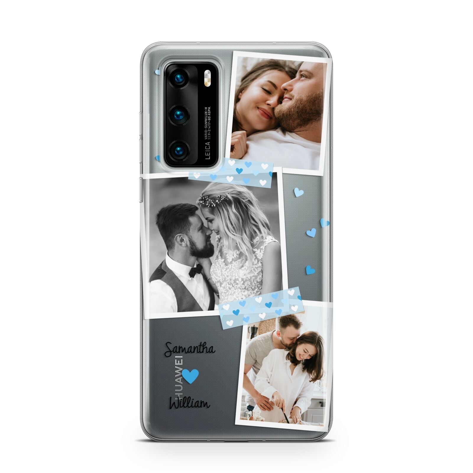 Wedding Snaps Collage with Blue Hearts and Name Huawei P40 Phone Case