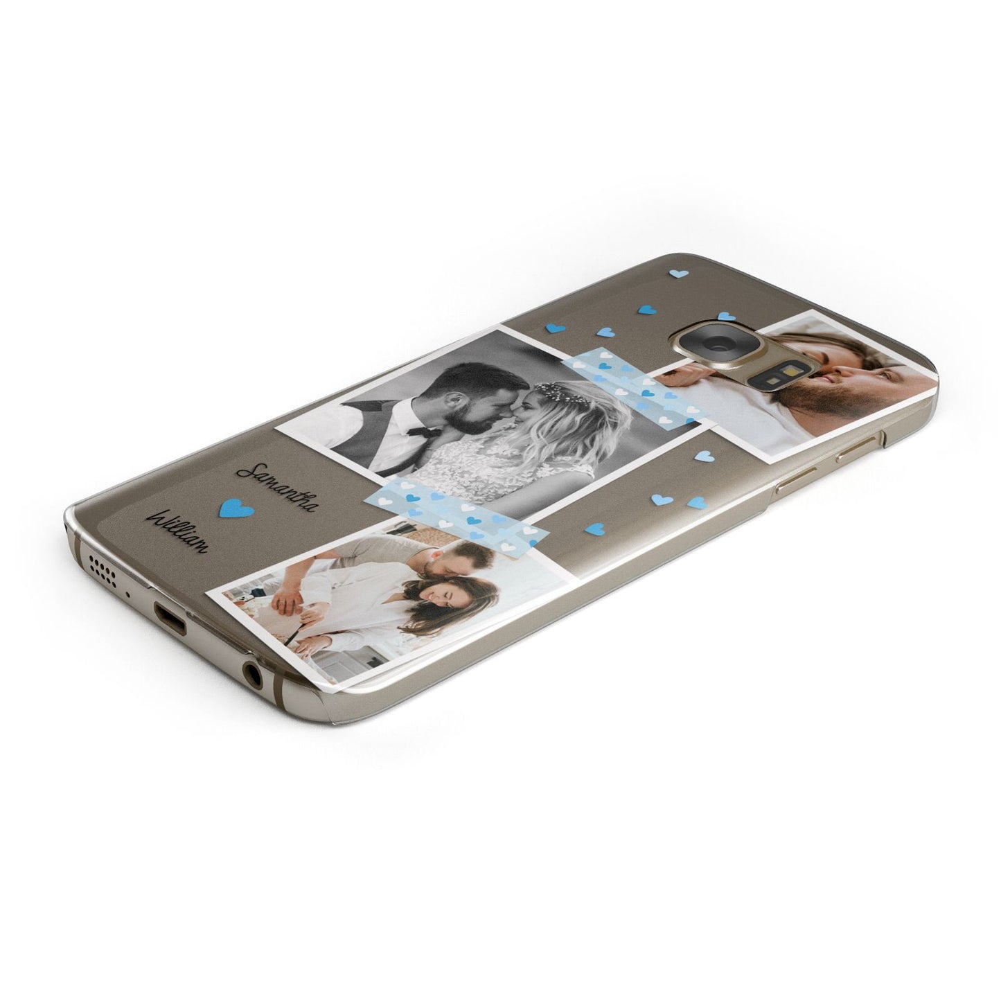 Wedding Snaps Collage with Blue Hearts and Name Protective Samsung Galaxy Case Angled Image