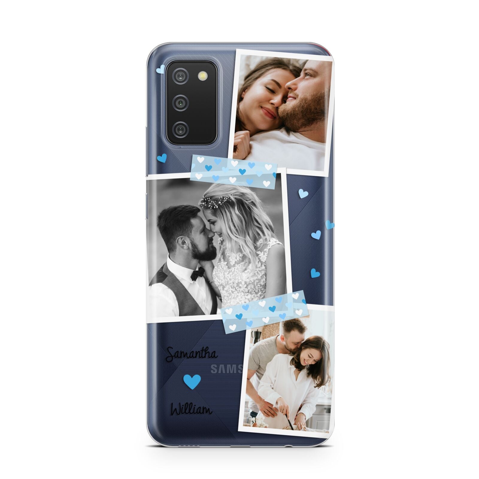 Wedding Snaps Collage with Blue Hearts and Name Samsung A02s Case