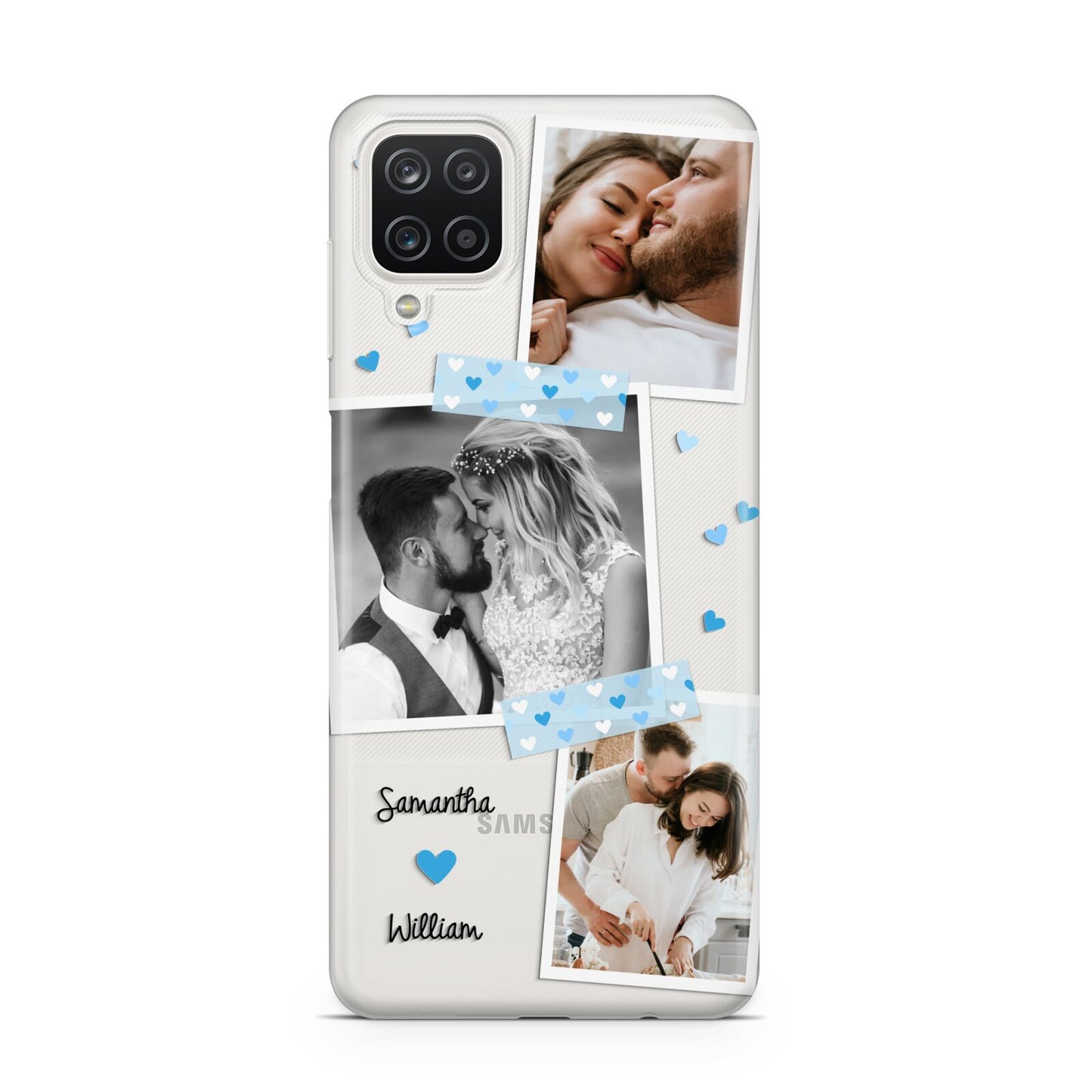 Wedding Snaps Collage with Blue Hearts and Name Samsung A12 Case