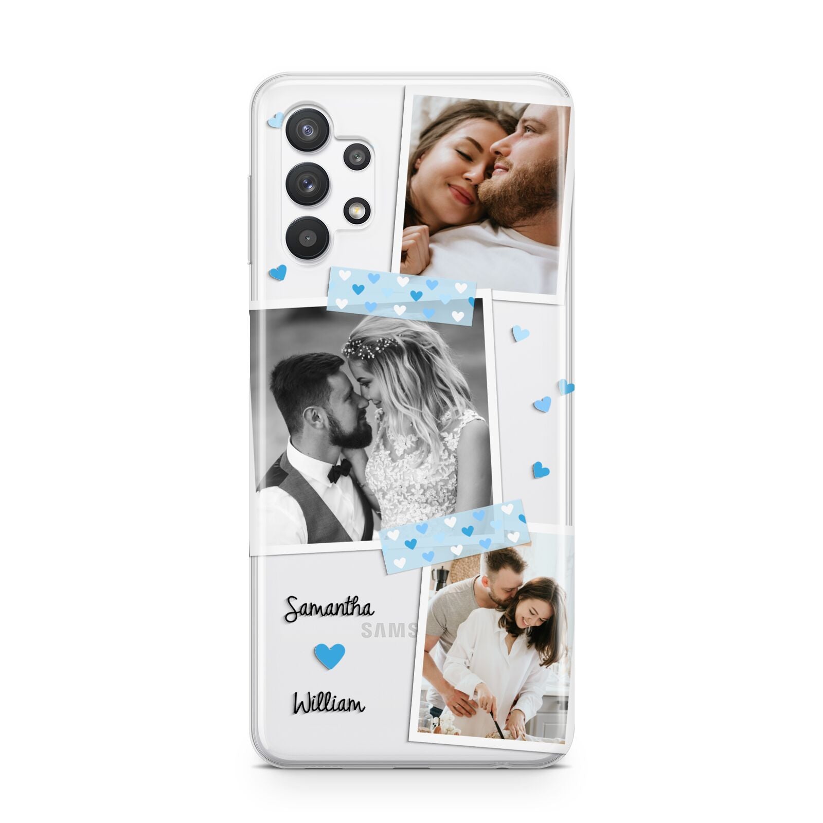 Wedding Snaps Collage with Blue Hearts and Name Samsung A32 5G Case