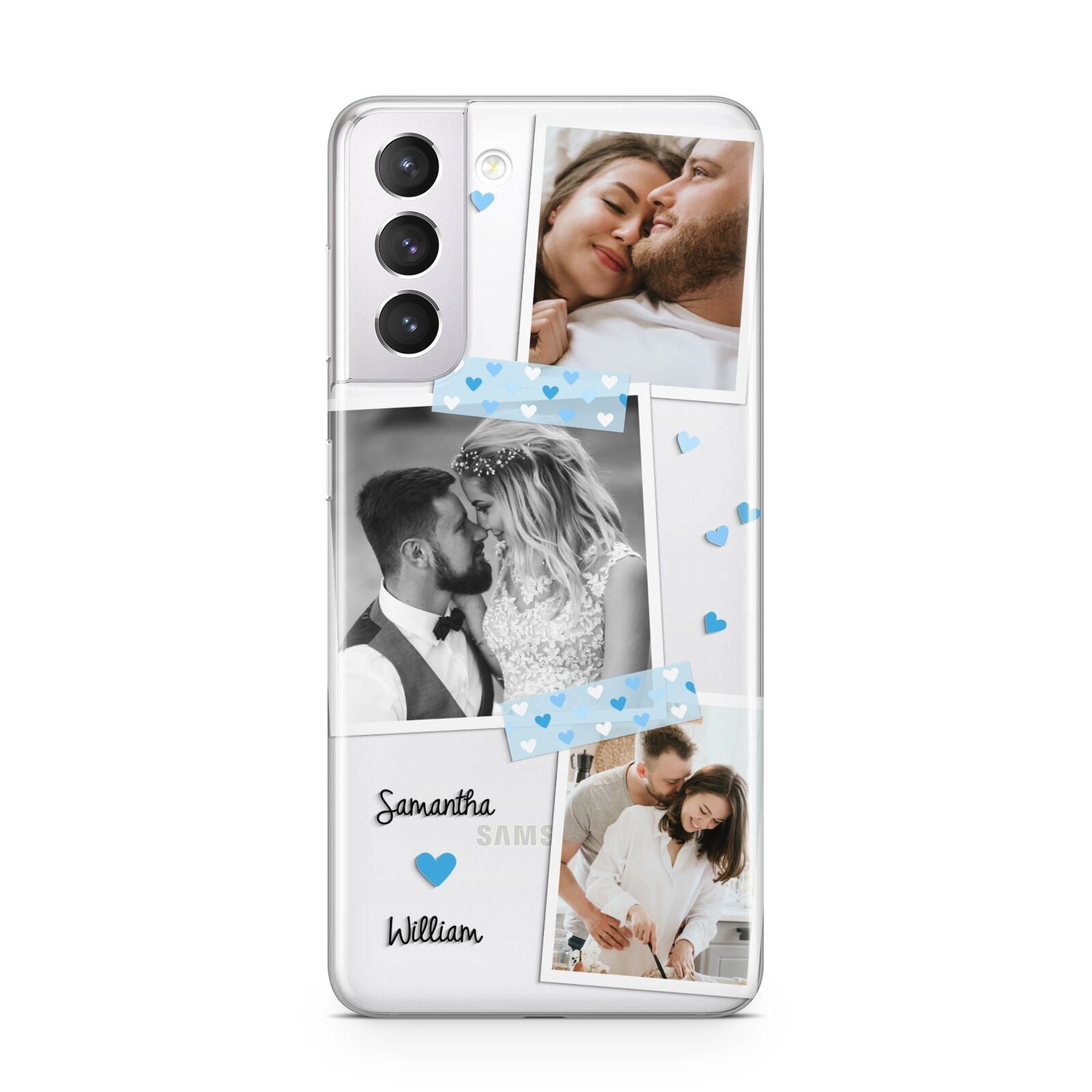 Wedding Snaps Collage with Blue Hearts and Name Samsung S21 Case