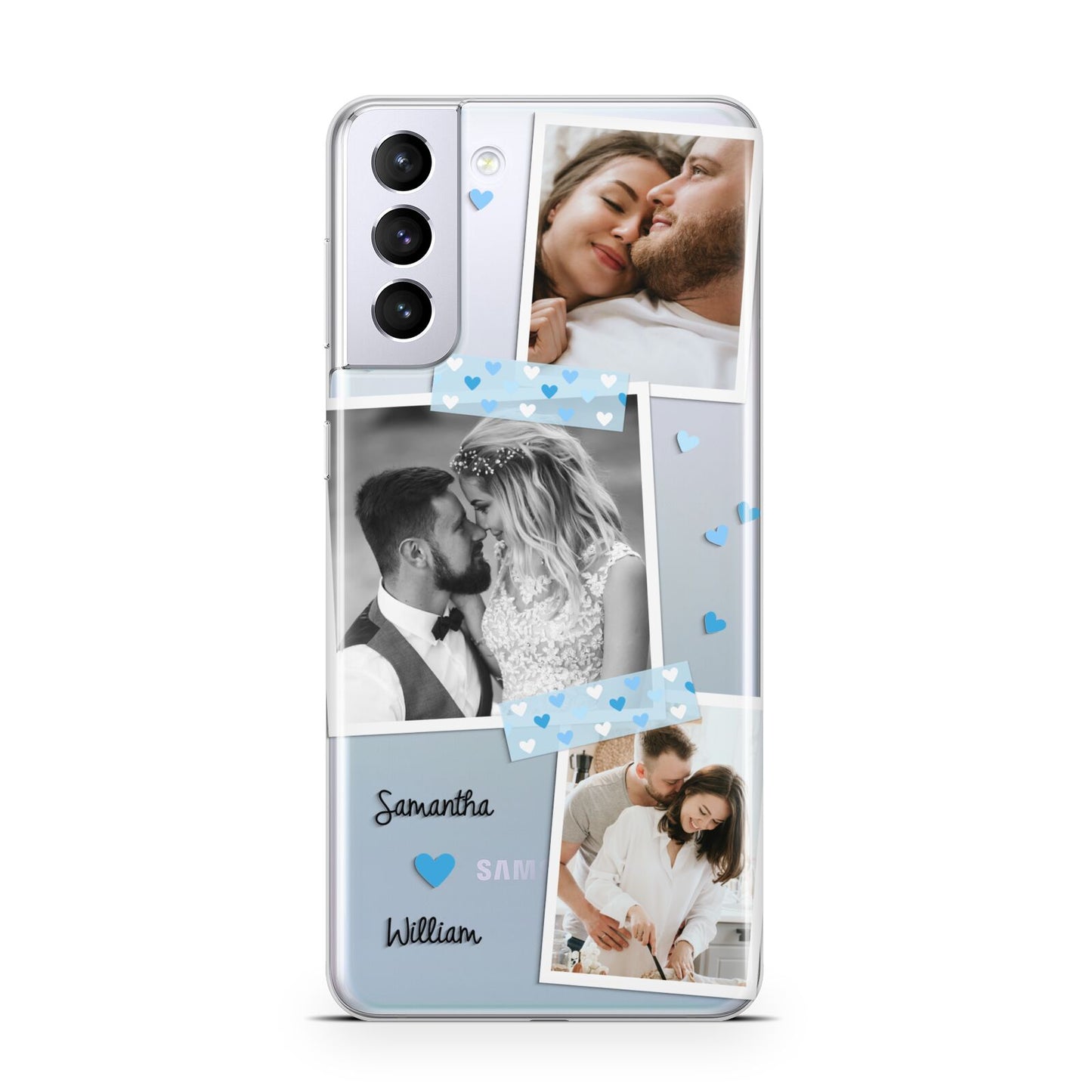 Wedding Snaps Collage with Blue Hearts and Name Samsung S21 Plus Case