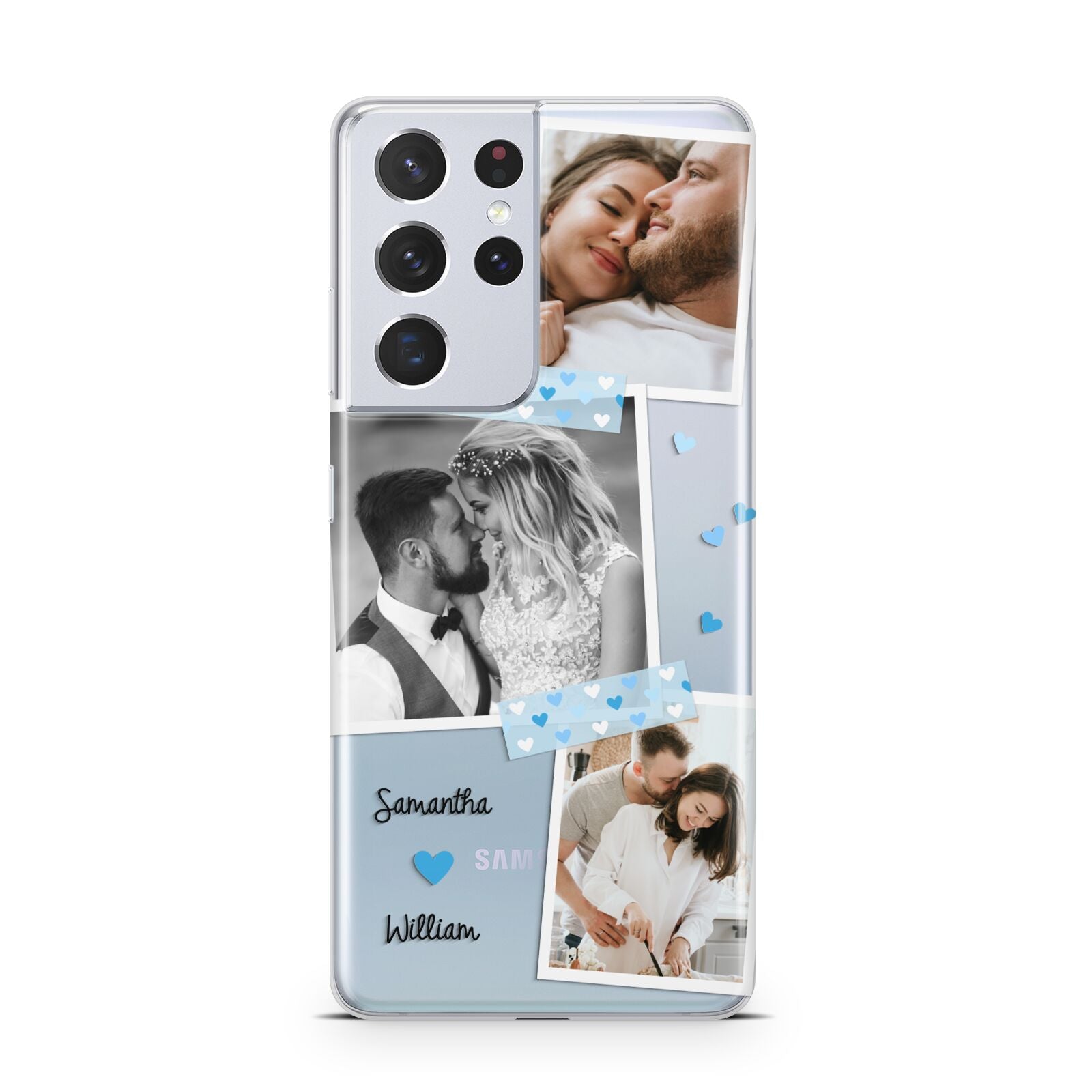 Wedding Snaps Collage with Blue Hearts and Name Samsung S21 Ultra Case