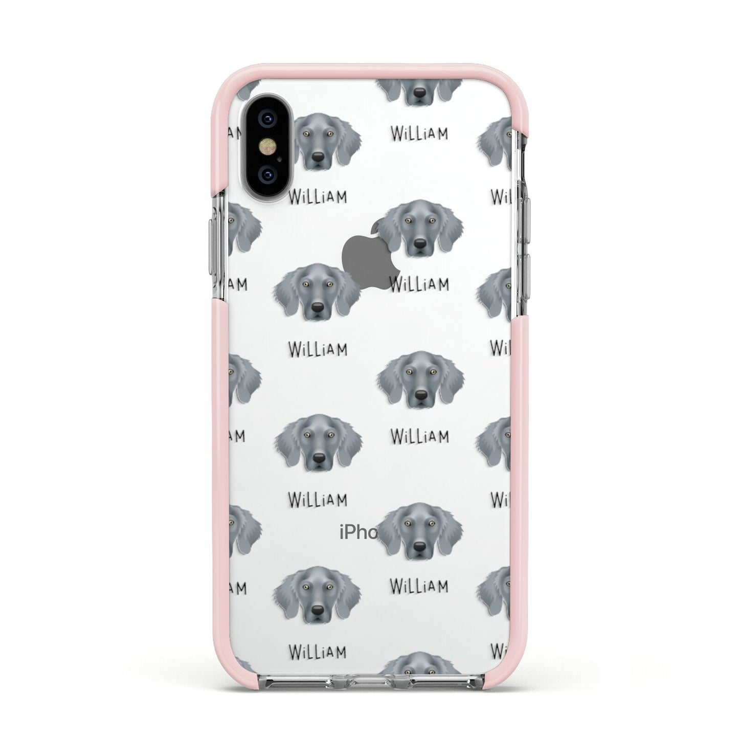 Weimaraner Icon with Name Apple iPhone Xs Impact Case Pink Edge on Silver Phone
