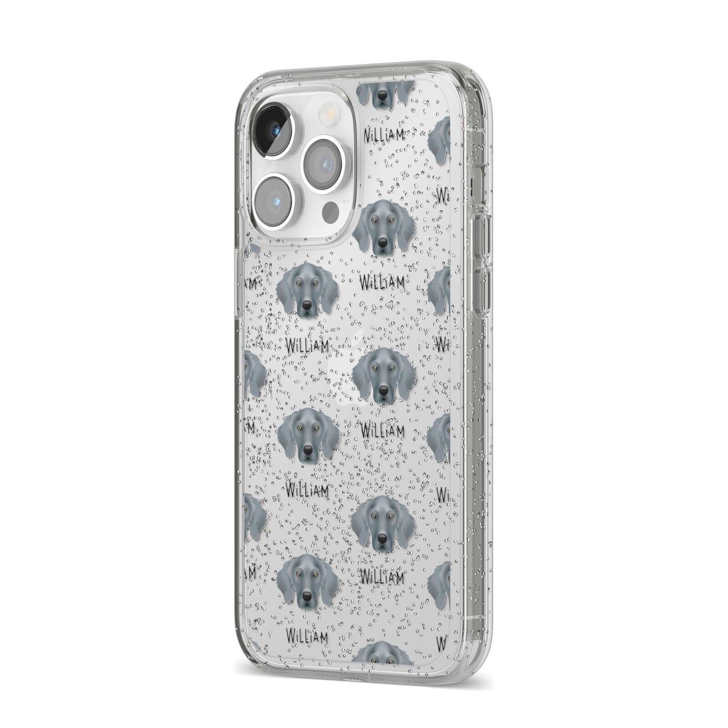 Weimaraner Icon with Name iPhone 14 Pro Max Glitter Tough Case Silver Angled Image