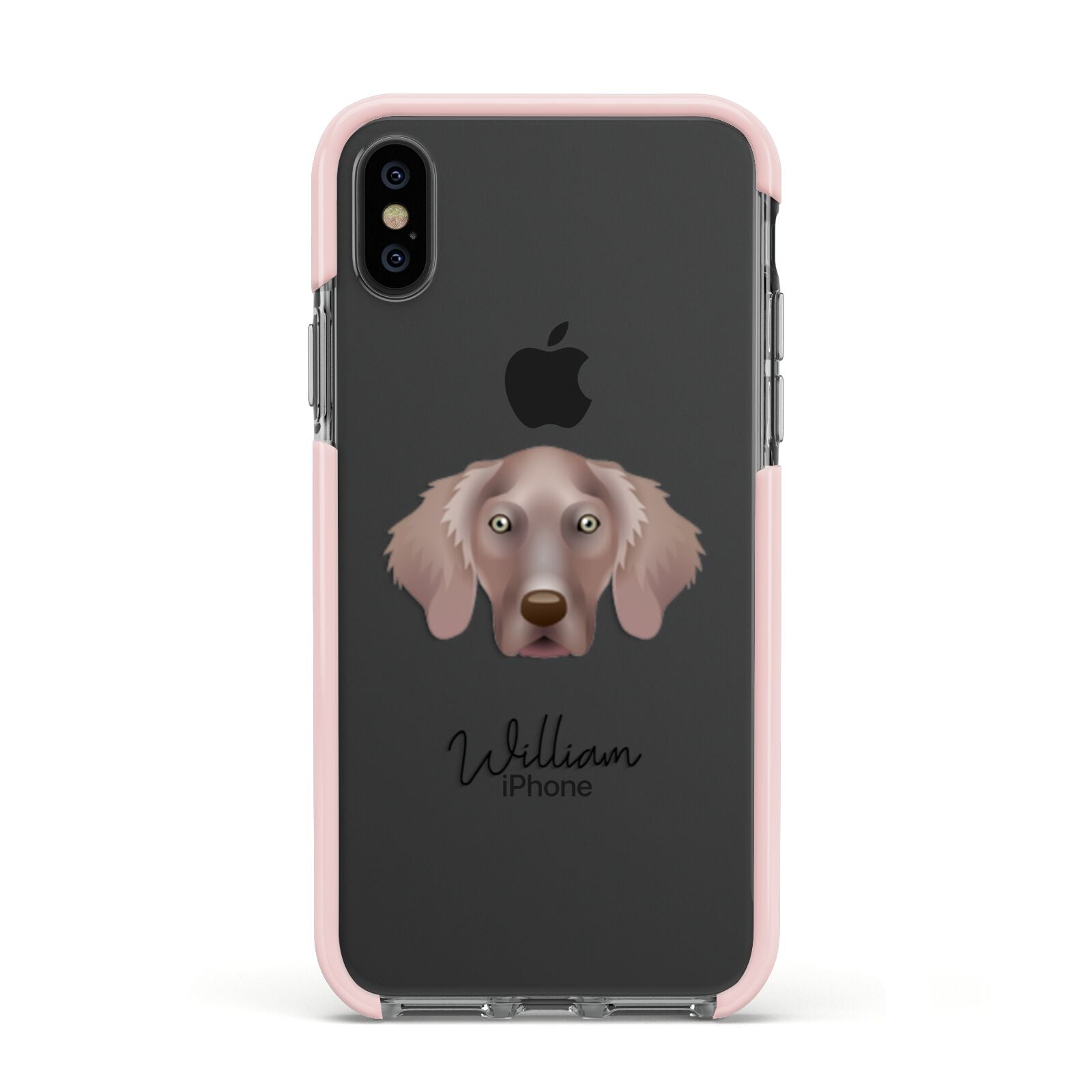 Weimaraner Personalised Apple iPhone Xs Impact Case Pink Edge on Black Phone