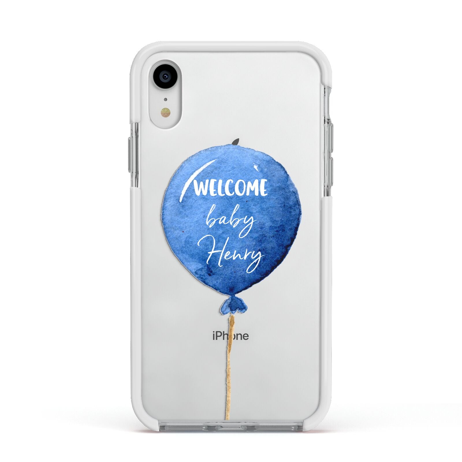 Welcome Baby Boy Balloon Apple iPhone XR Impact Case White Edge on Silver Phone