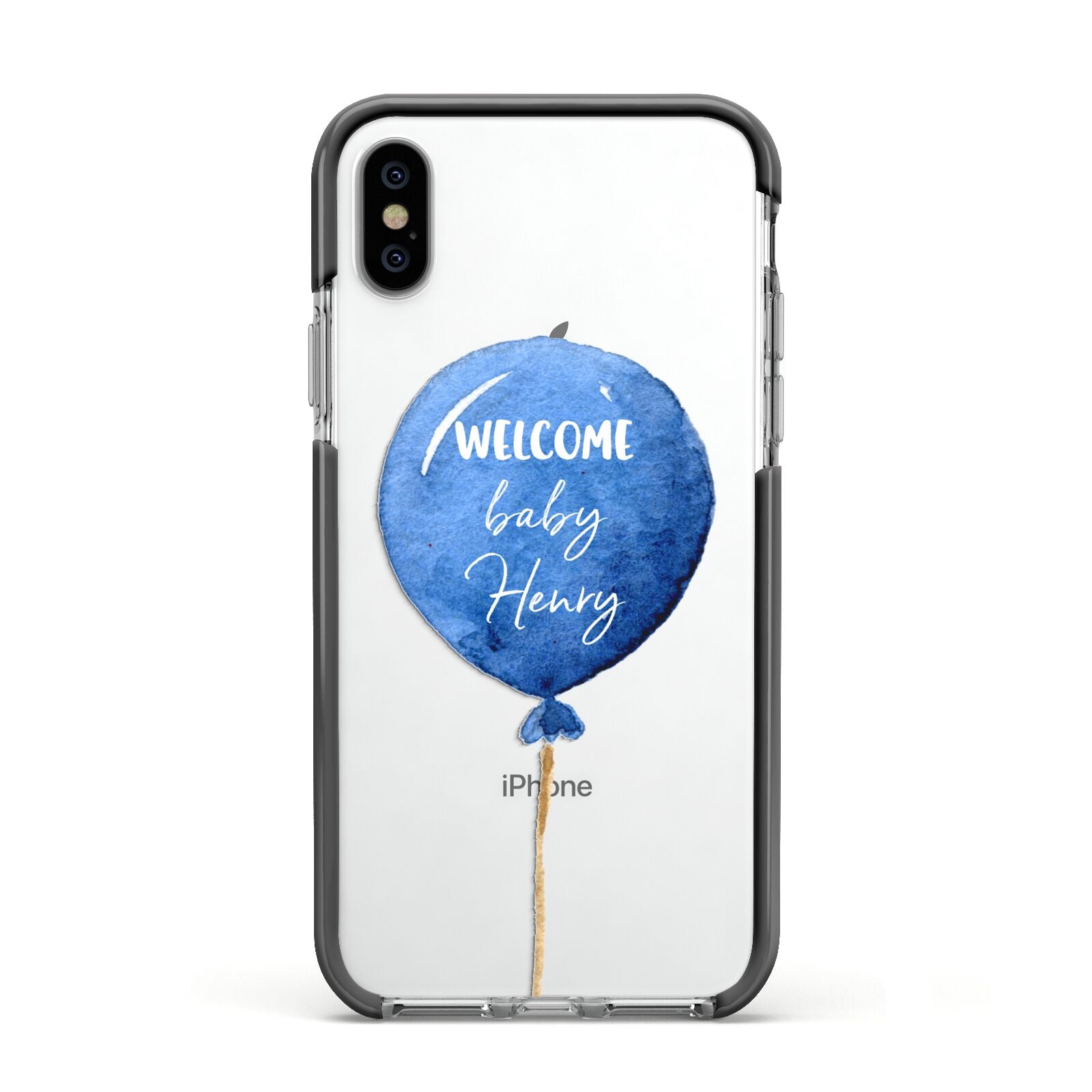 Welcome Baby Boy Balloon Apple iPhone Xs Impact Case Black Edge on Silver Phone