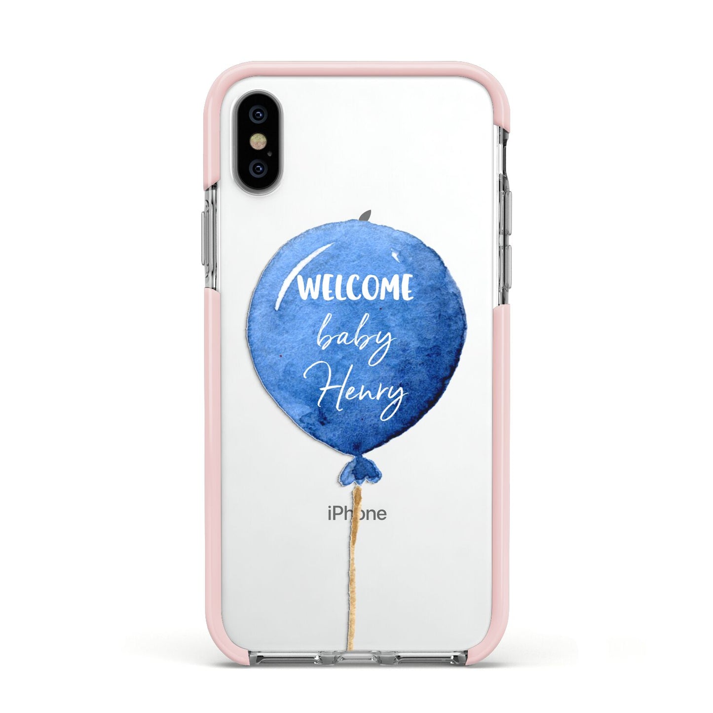 Welcome Baby Boy Balloon Apple iPhone Xs Impact Case Pink Edge on Silver Phone