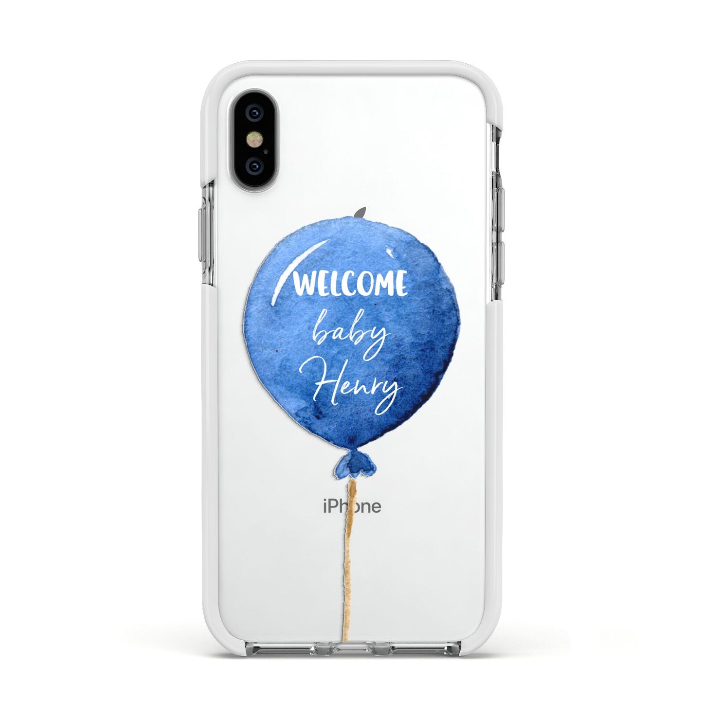 Welcome Baby Boy Balloon Apple iPhone Xs Impact Case White Edge on Silver Phone