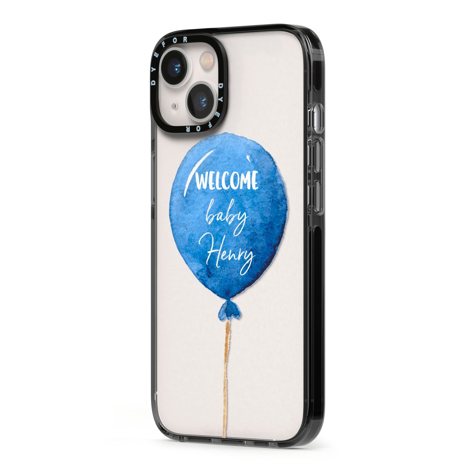 Welcome Baby Boy Balloon iPhone 13 Black Impact Case Side Angle on Silver phone