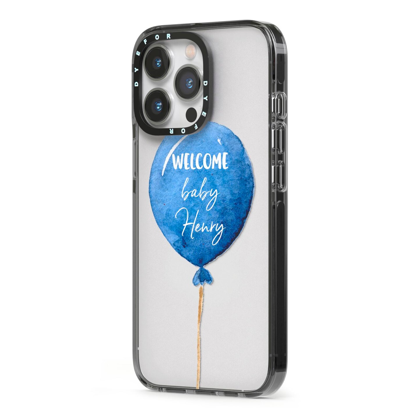 Welcome Baby Boy Balloon iPhone 13 Pro Black Impact Case Side Angle on Silver phone