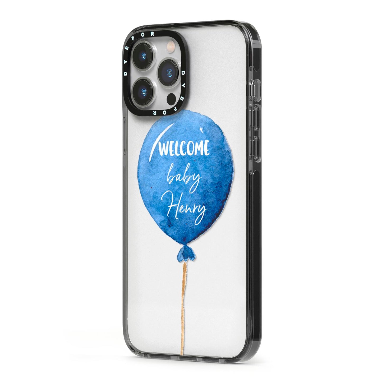 Welcome Baby Boy Balloon iPhone 13 Pro Max Black Impact Case Side Angle on Silver phone