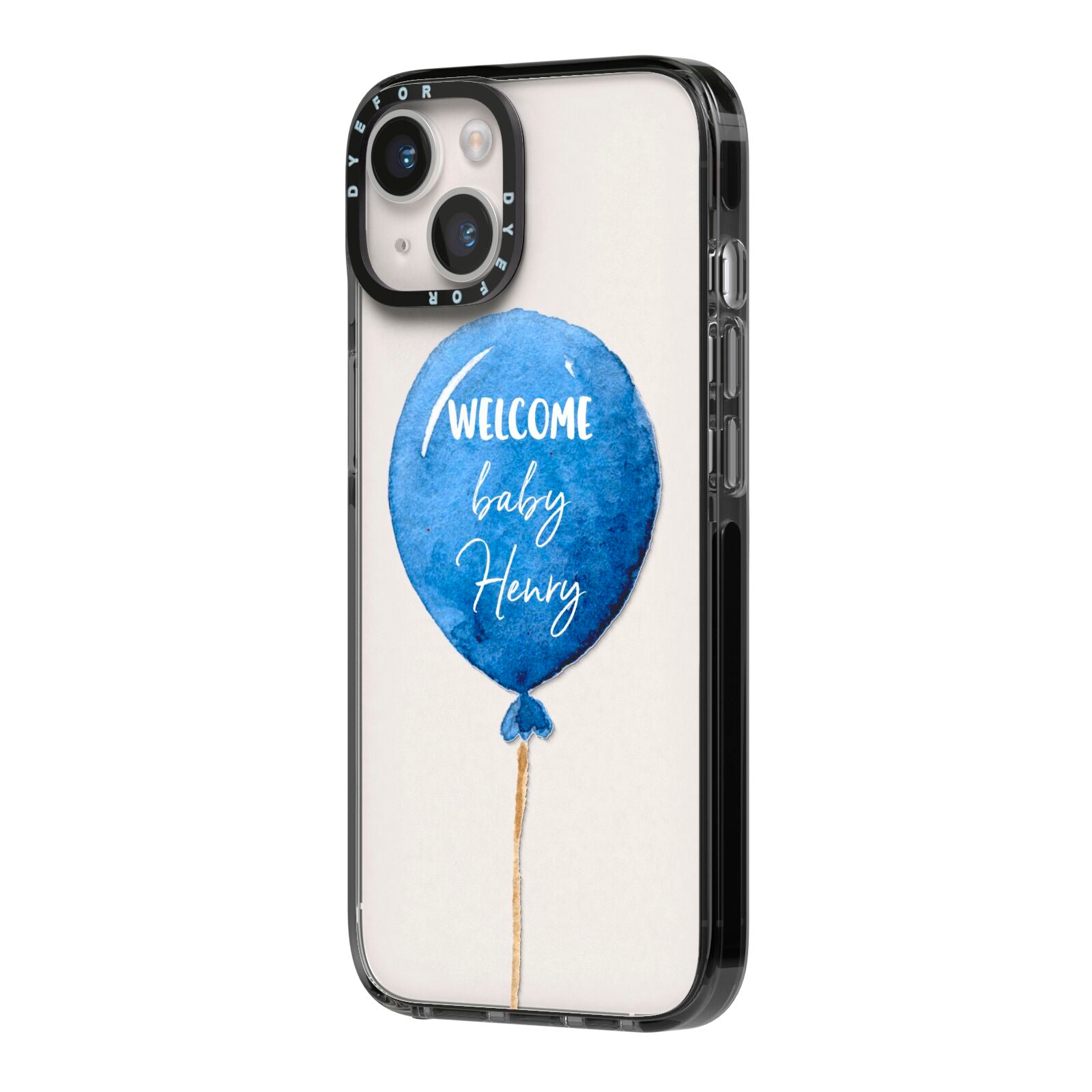 Welcome Baby Boy Balloon iPhone 14 Black Impact Case Side Angle on Silver phone