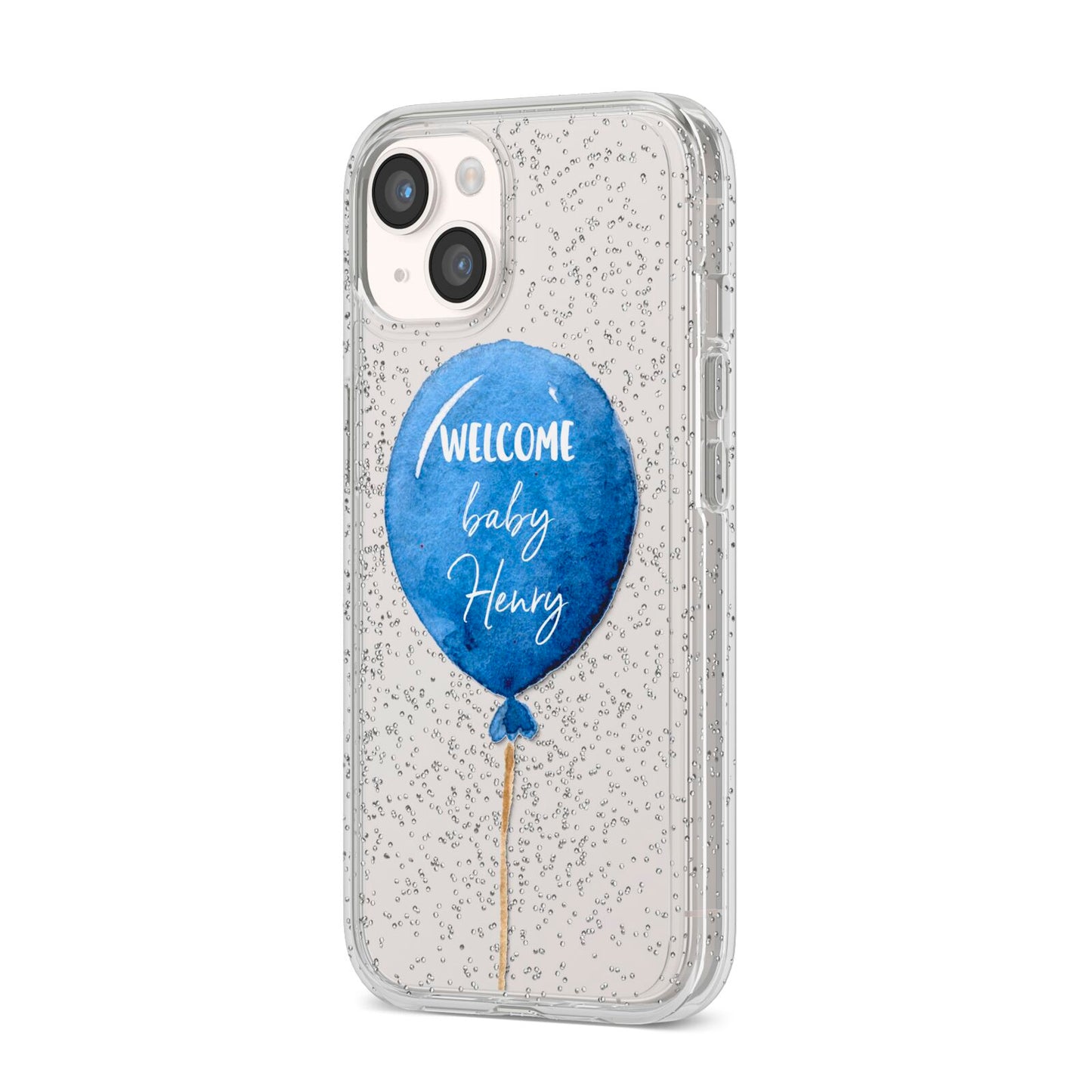 Welcome Baby Boy Balloon iPhone 14 Glitter Tough Case Starlight Angled Image