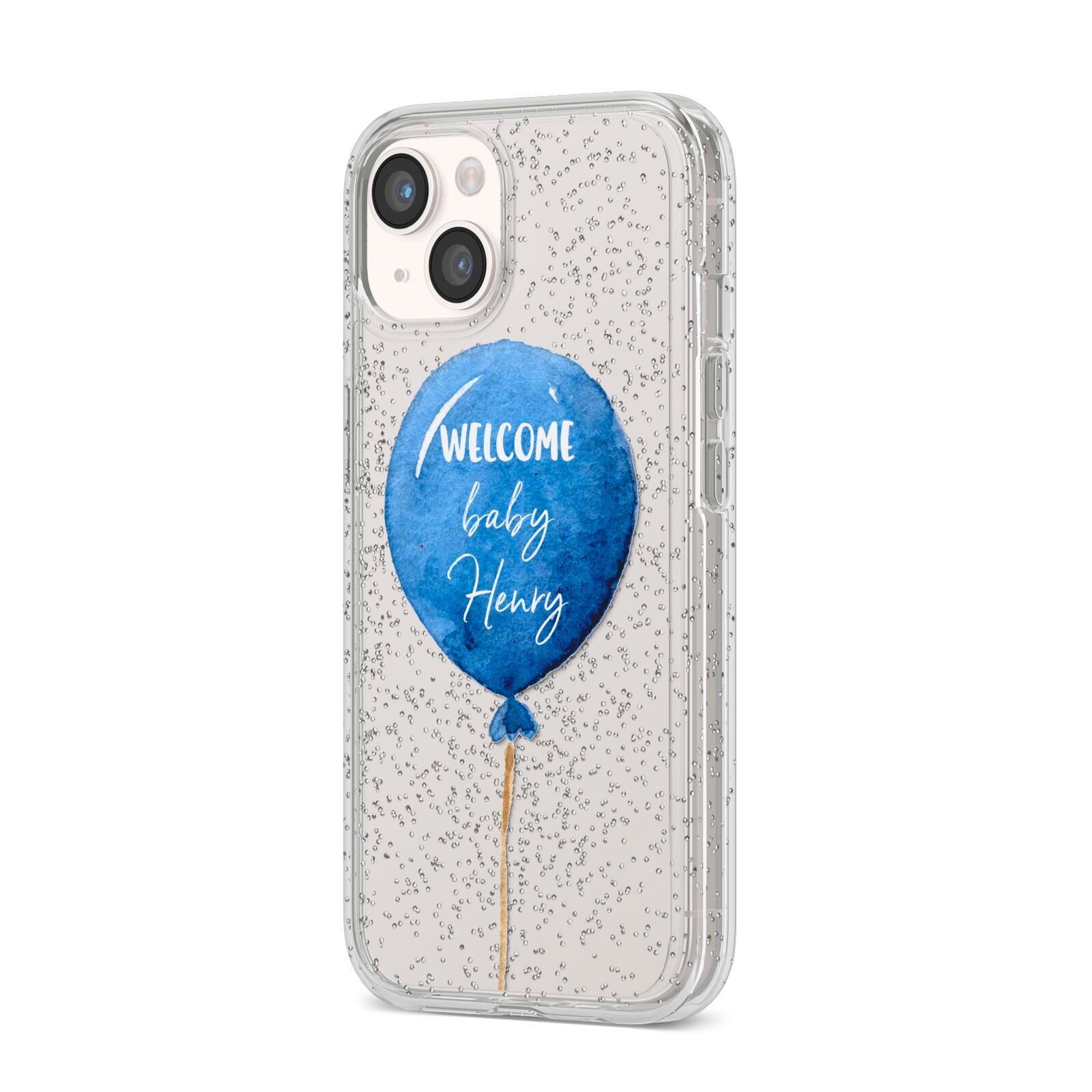 Welcome Baby Boy Balloon iPhone 14 Glitter Tough Case Starlight Angled Image