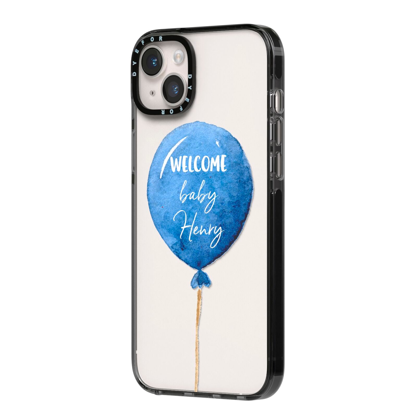 Welcome Baby Boy Balloon iPhone 14 Plus Black Impact Case Side Angle on Silver phone