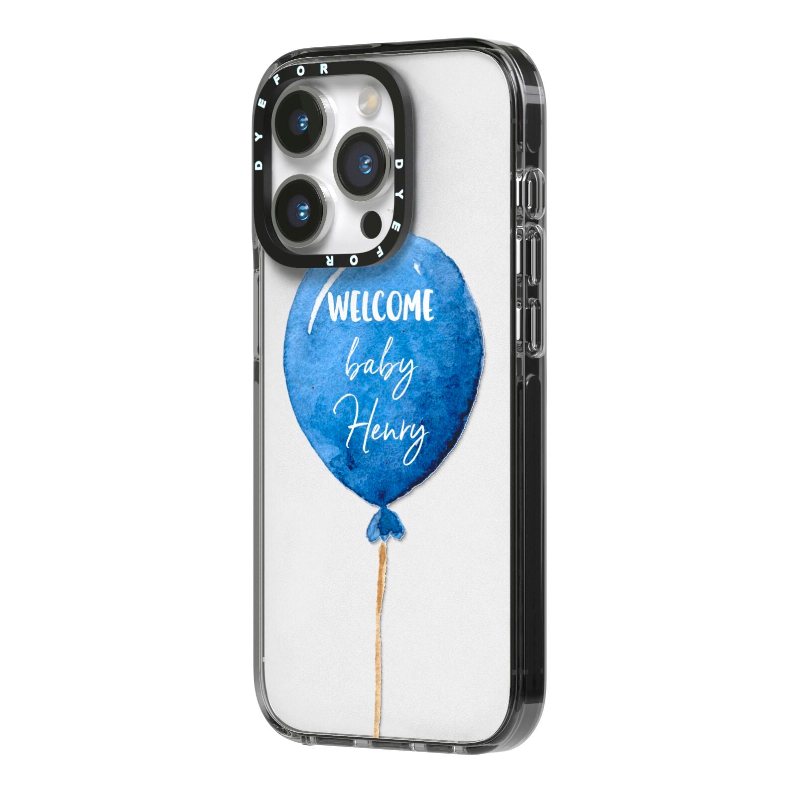 Welcome Baby Boy Balloon iPhone 14 Pro Black Impact Case Side Angle on Silver phone