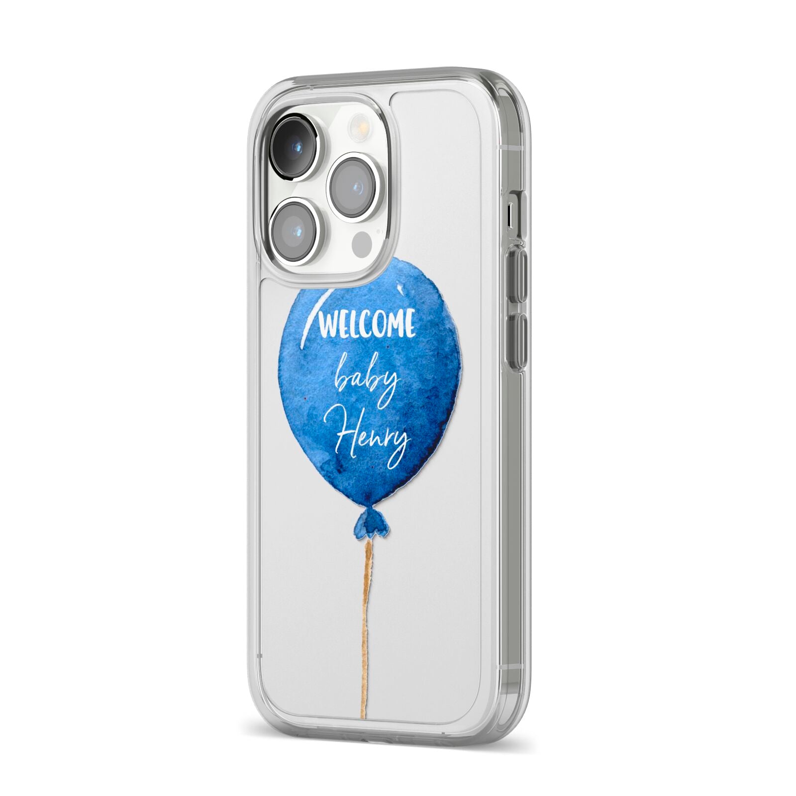 Welcome Baby Boy Balloon iPhone 14 Pro Clear Tough Case Silver Angled Image