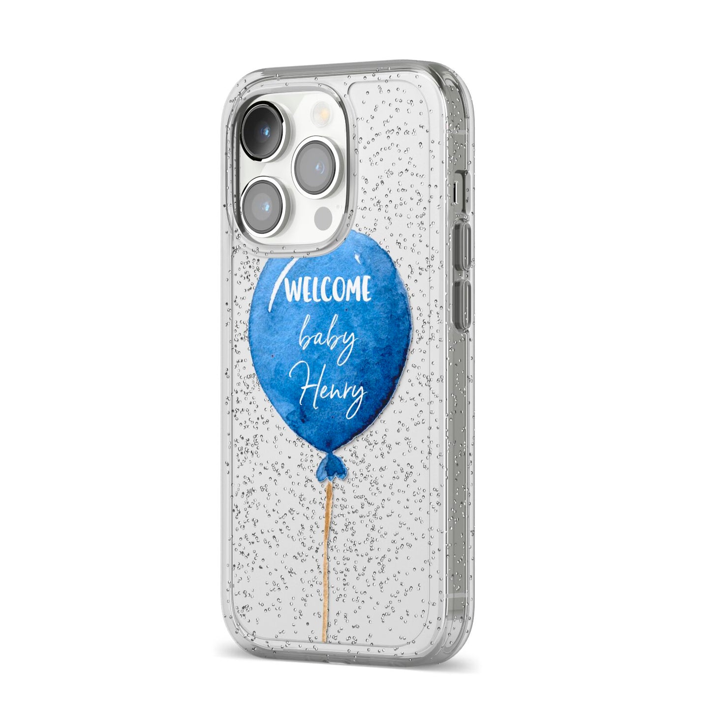 Welcome Baby Boy Balloon iPhone 14 Pro Glitter Tough Case Silver Angled Image