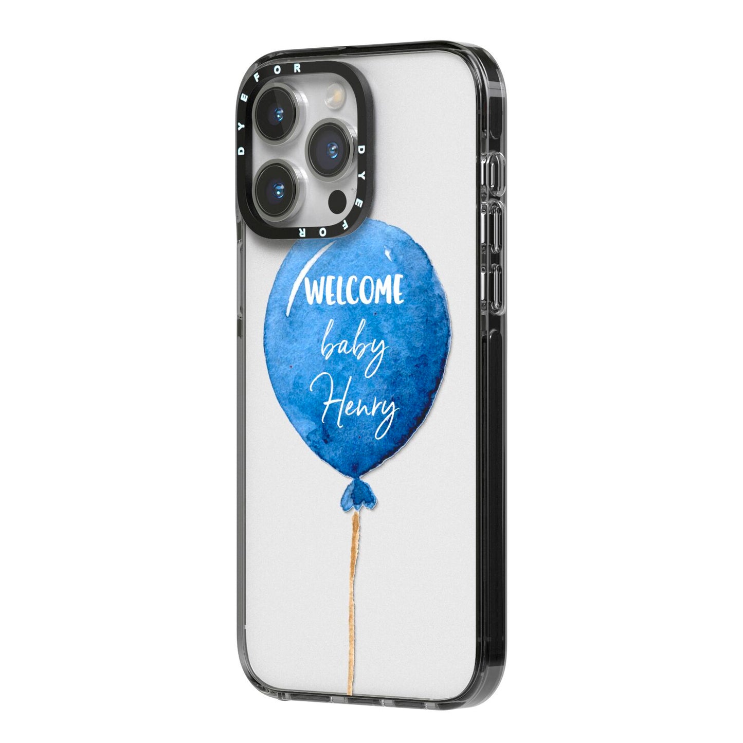 Welcome Baby Boy Balloon iPhone 14 Pro Max Black Impact Case Side Angle on Silver phone